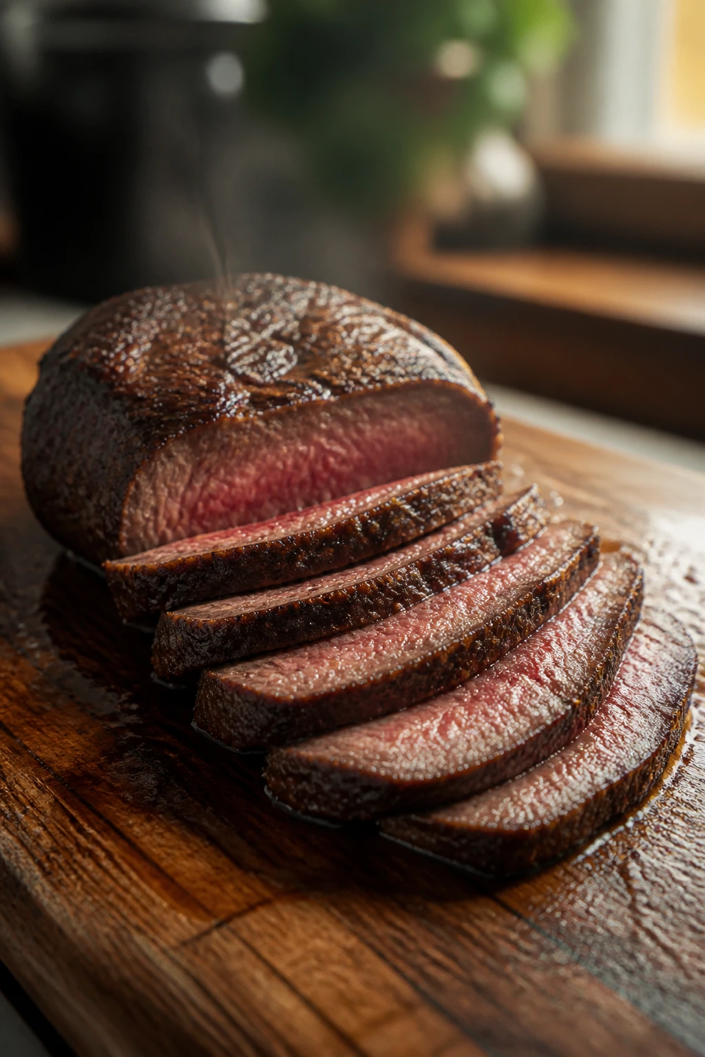 Beef steak resting and sliced on cutting board with juices settling
