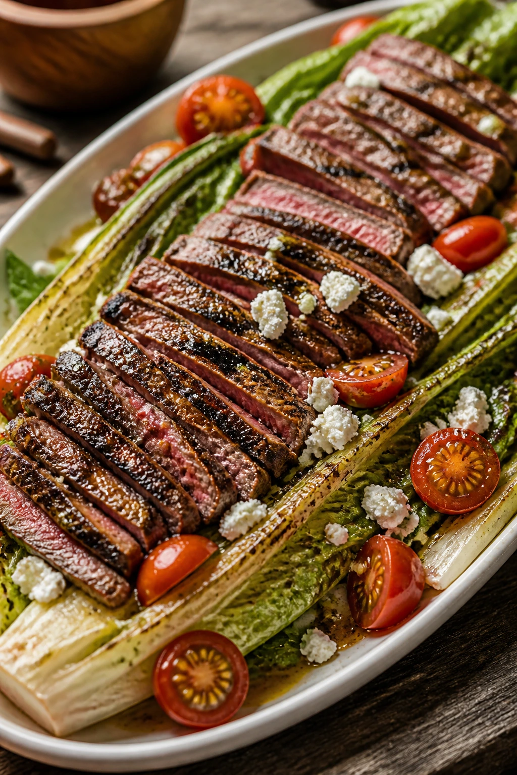 Grilled steak over romaine salad on a plate