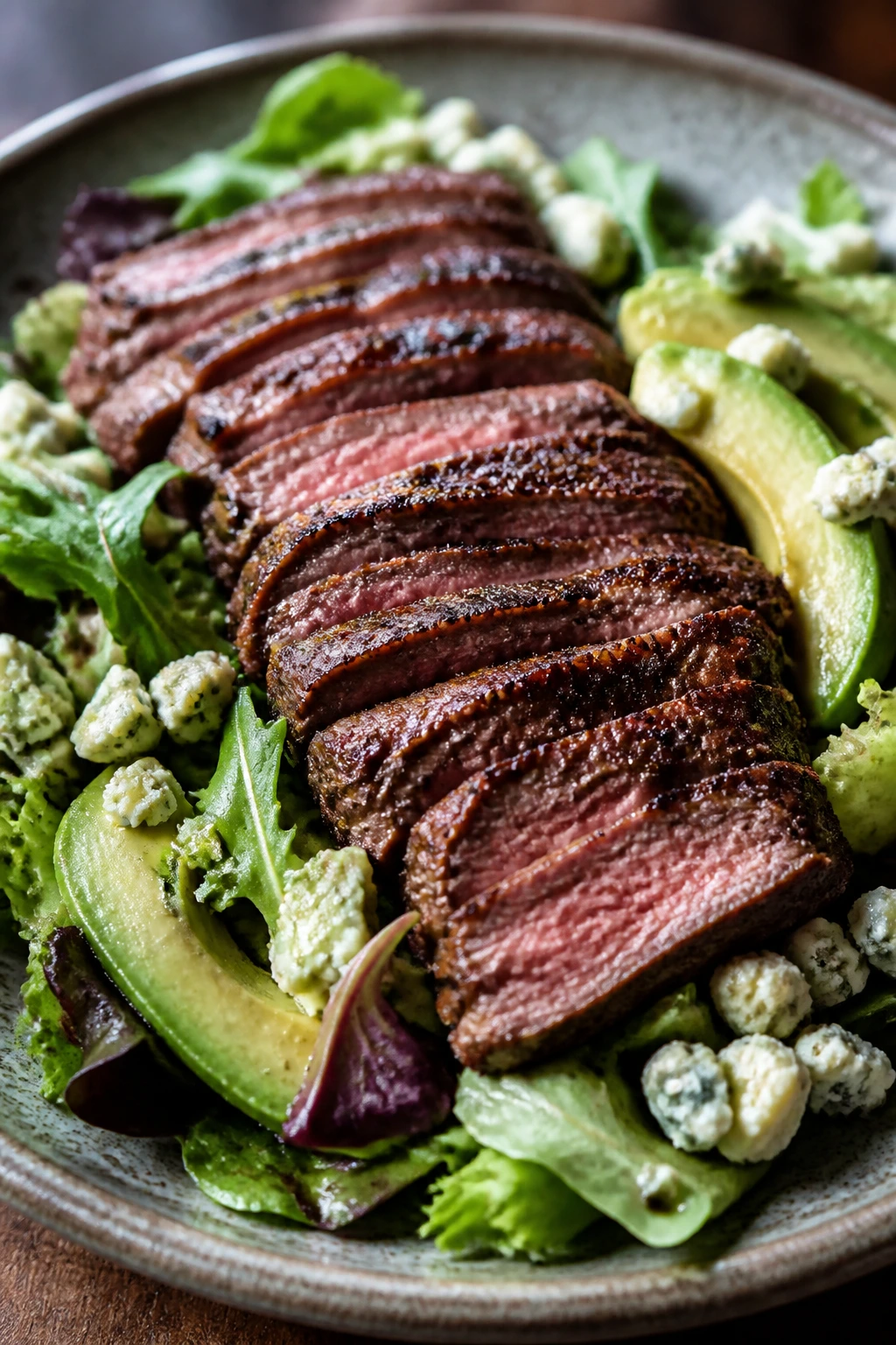 Close-up steak with avocado and blue cheese on greens