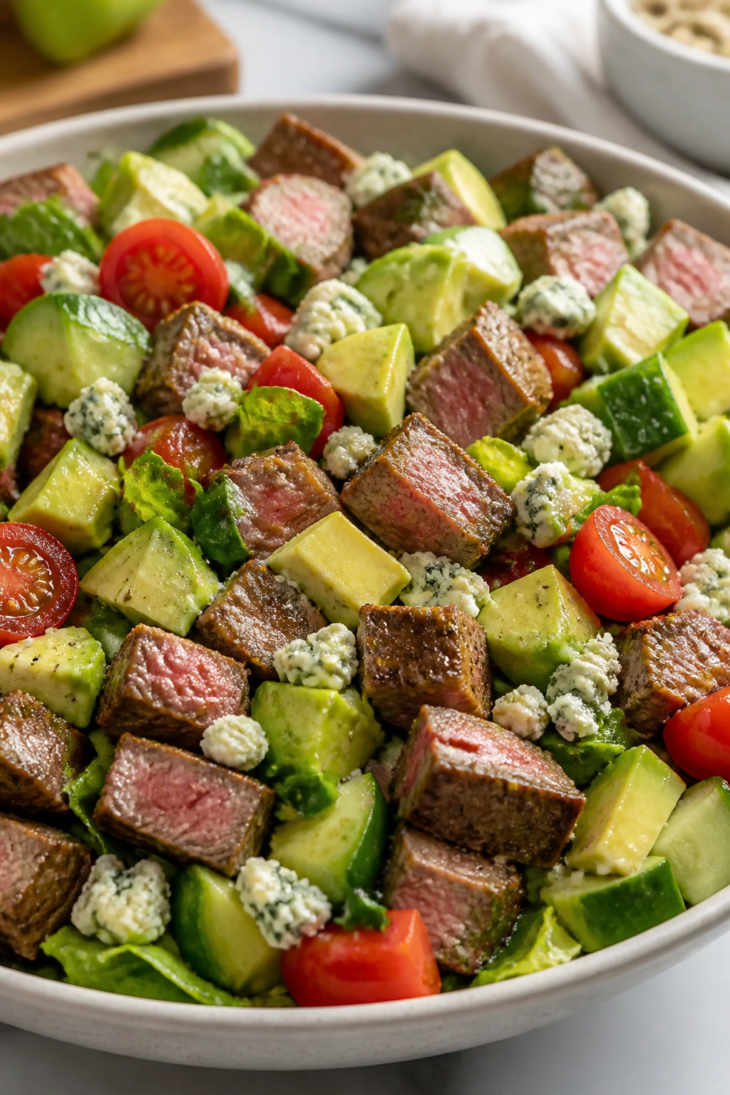 Close-up of chopped steak salad with blue cheese in a bowl
