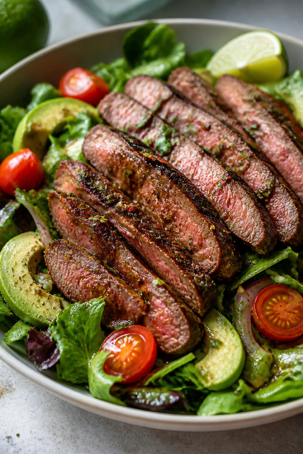 Close-up steak salad with lime dressing and avocado