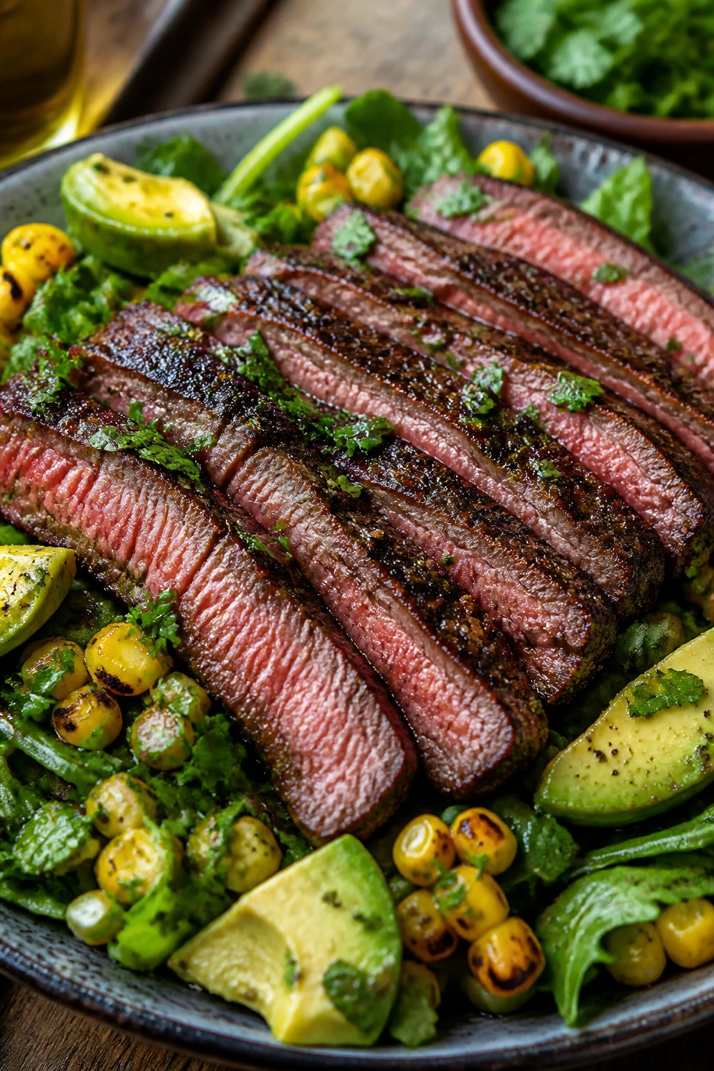 Steak salad with corn and avocado on greens