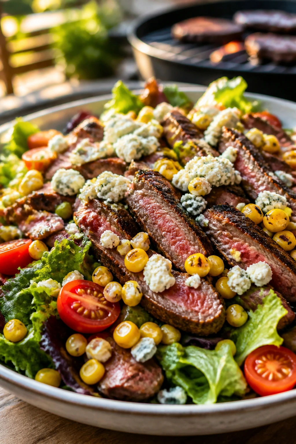Close-up steak salad with corn and blue cheese on greens