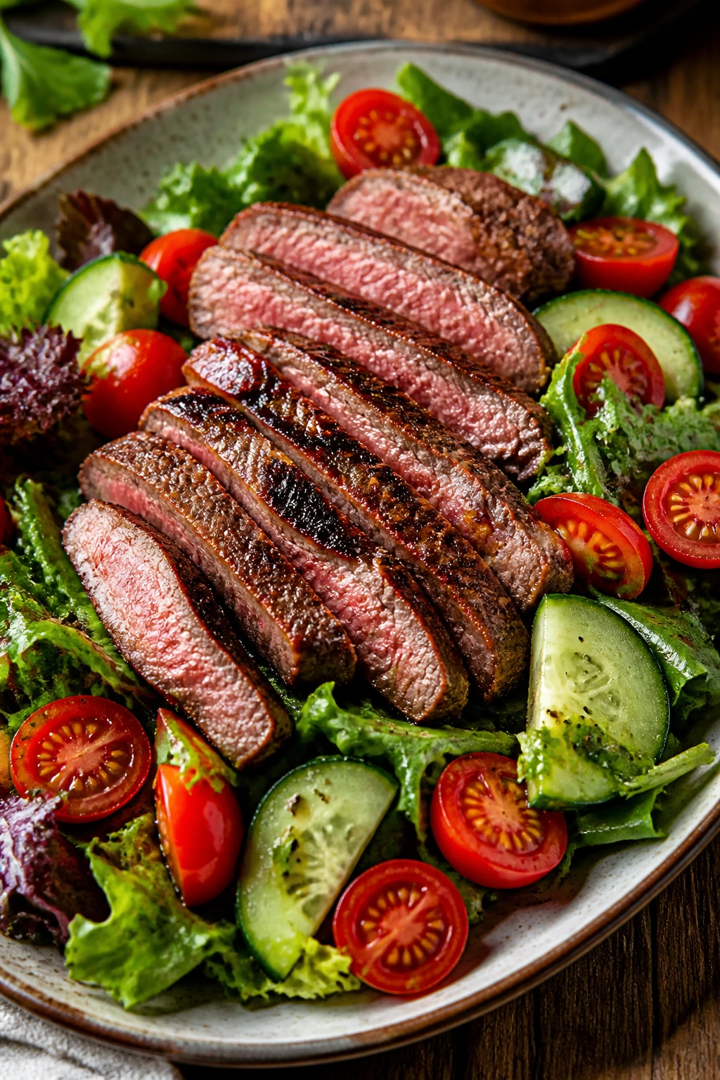 Steak on greens with tomatoes and cucumber in a salad outdoors