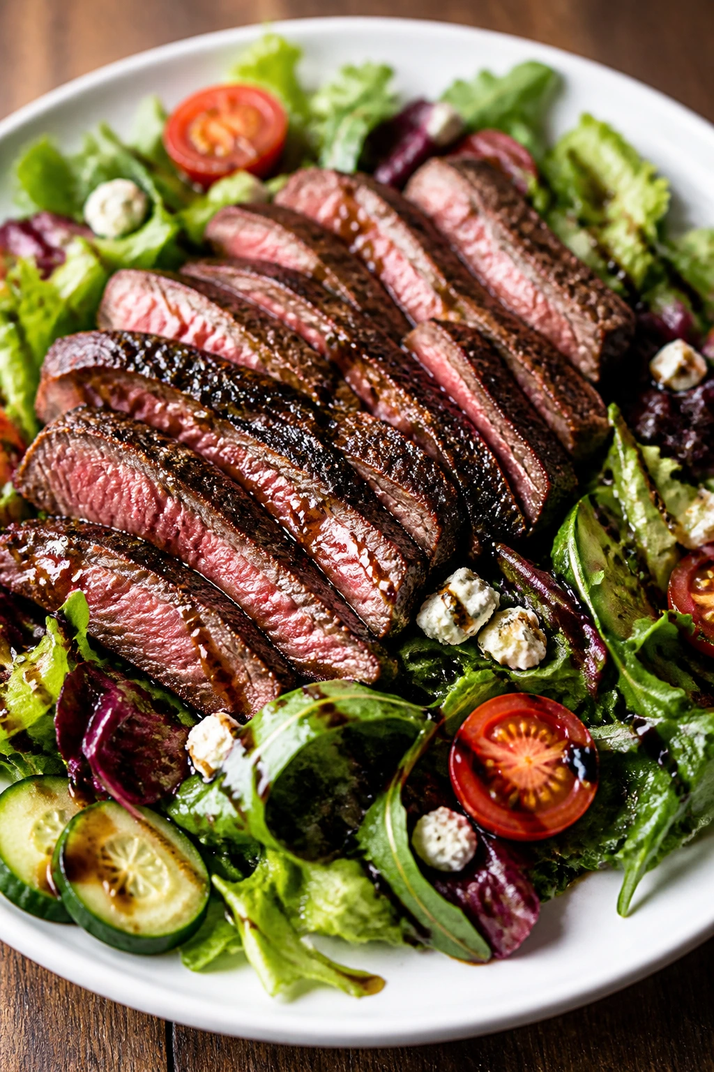 Steak atop greens with tomatoes and cucumber
