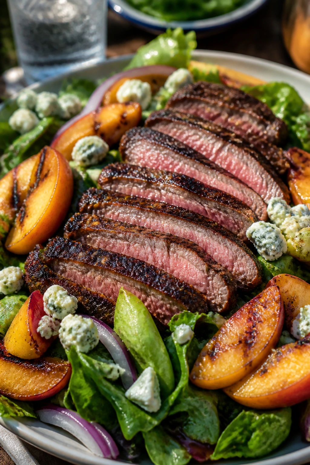 Steak salad with peaches and blue cheese on a greens bed