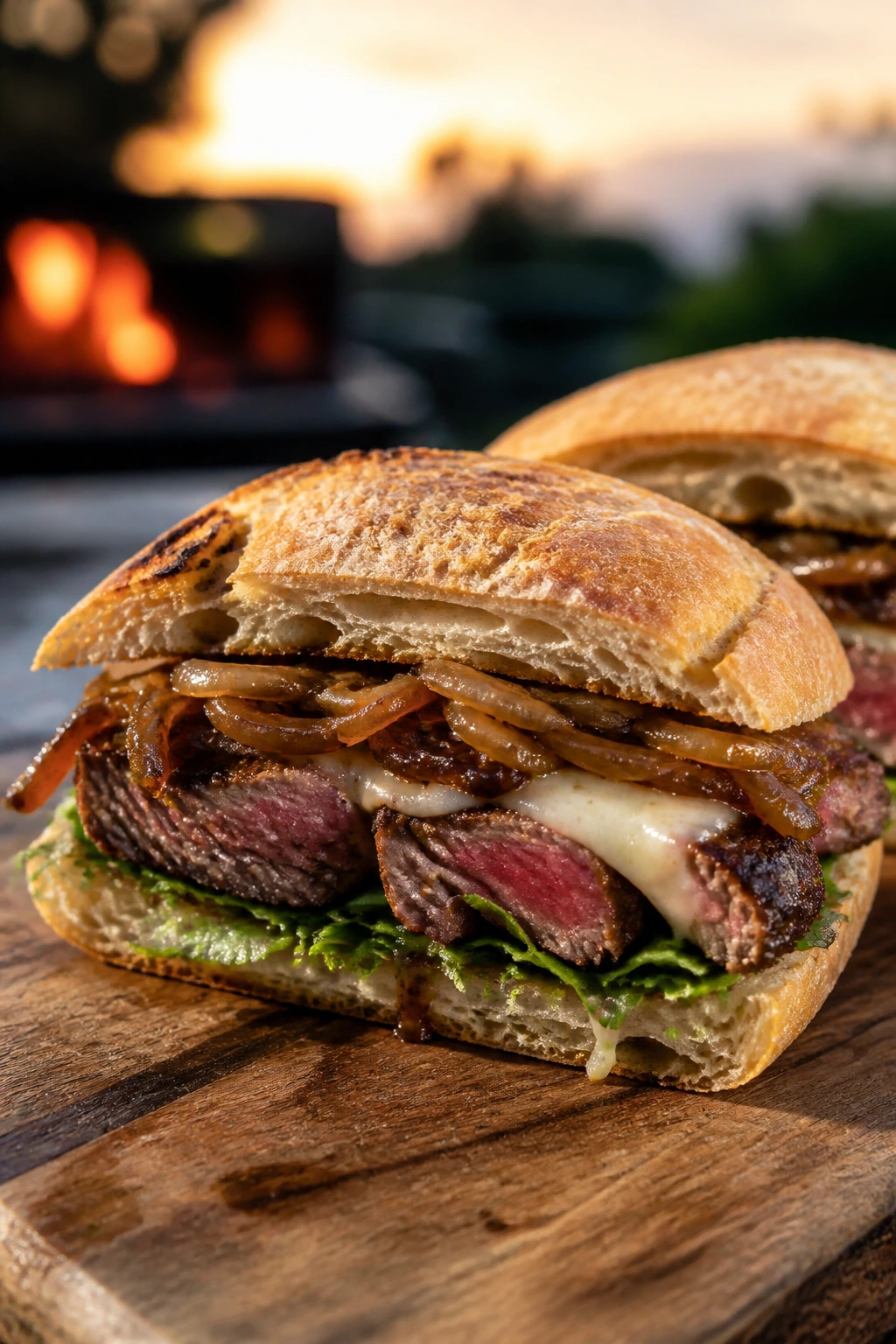 Close-up cross-section of steak and caramelized onion sandwich on wooden board outdoors