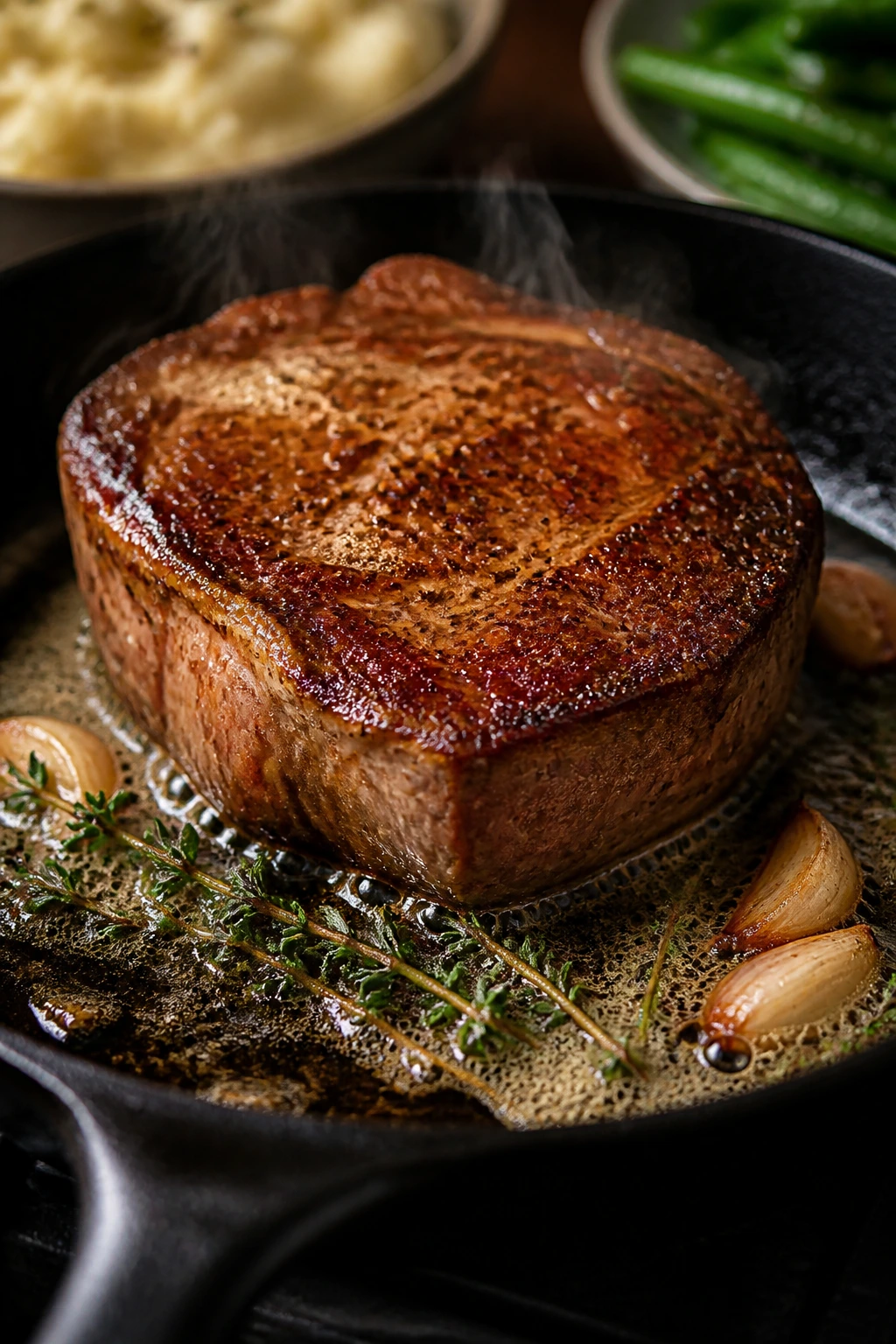 Steak in a hot skillet with butter and garlic during searing, ready for steps.