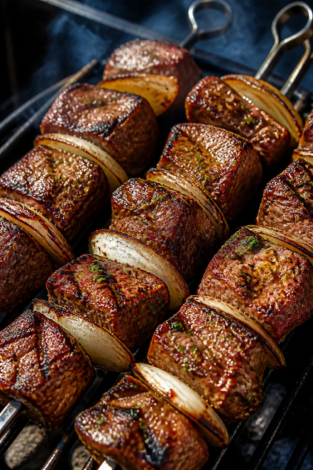 Chili-lime steak skewers with lime and onion on grill