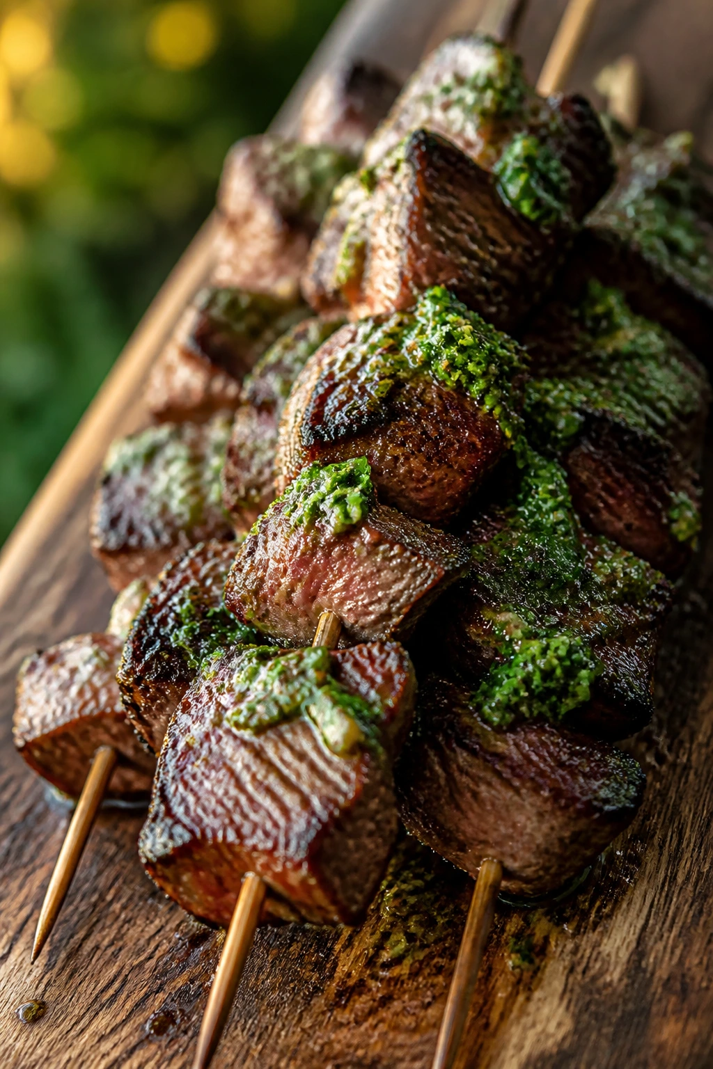 Close-up of steak and chimichurri skewers on a wooden board outdoors.