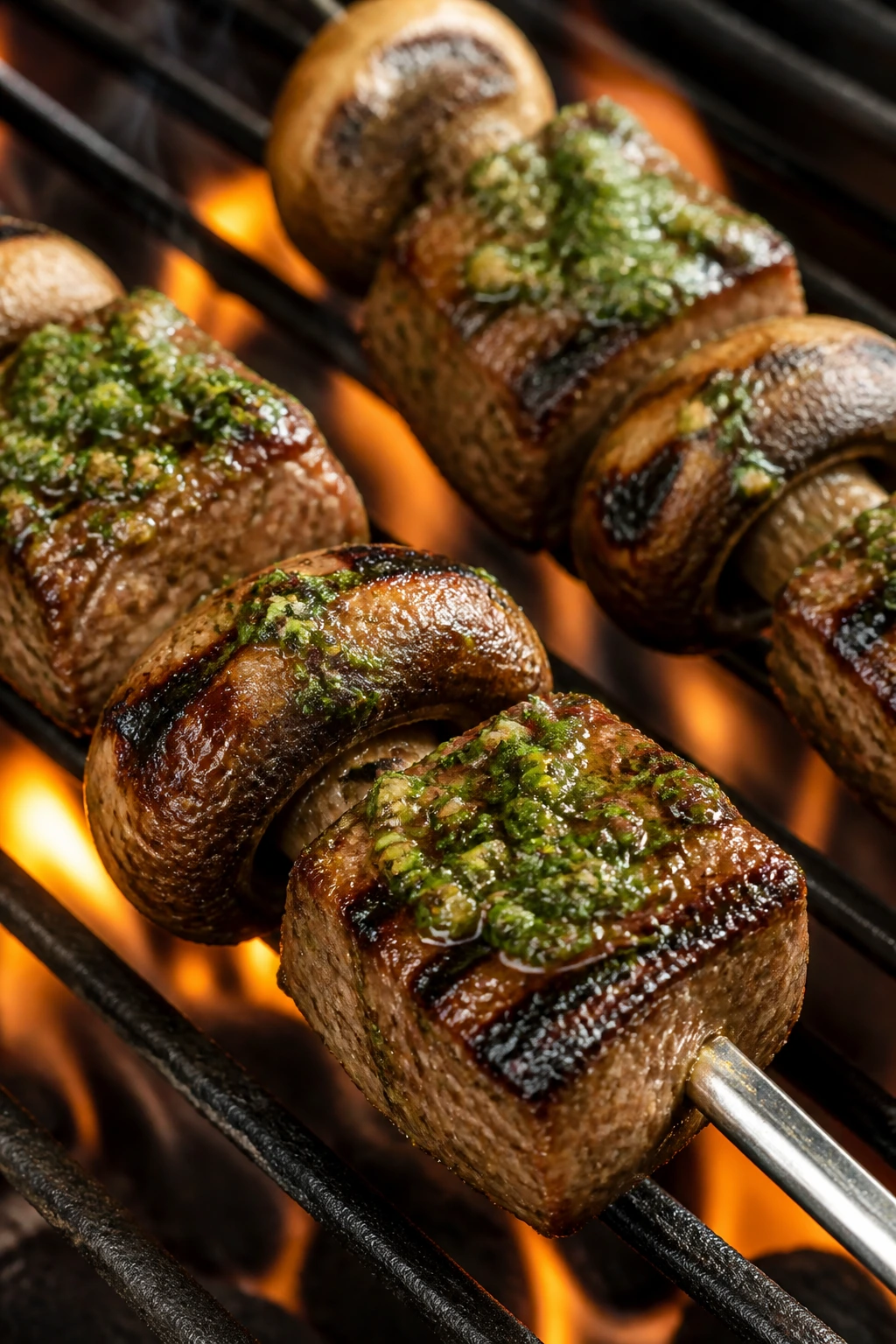 Close-up of steak and mushroom skewers with chimichurri on a grill