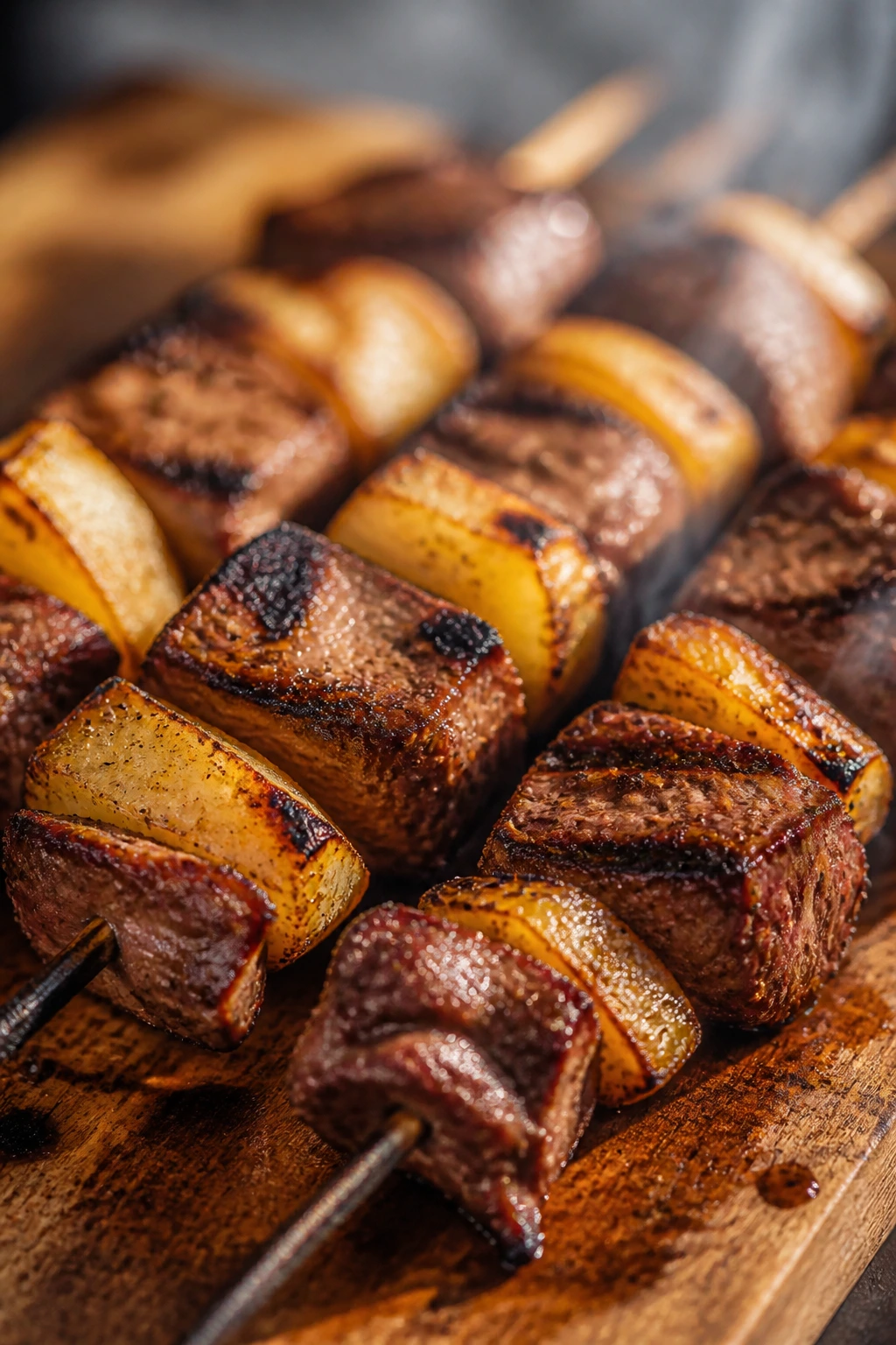 Close-up of steak and potato skewers on wooden board