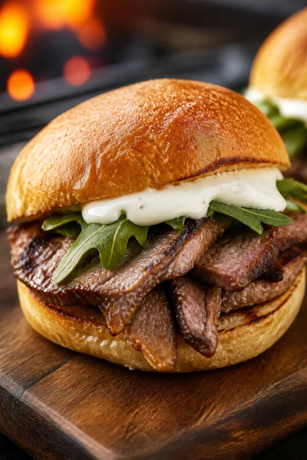 Steak slider with horseradish mayo on a bun outdoors