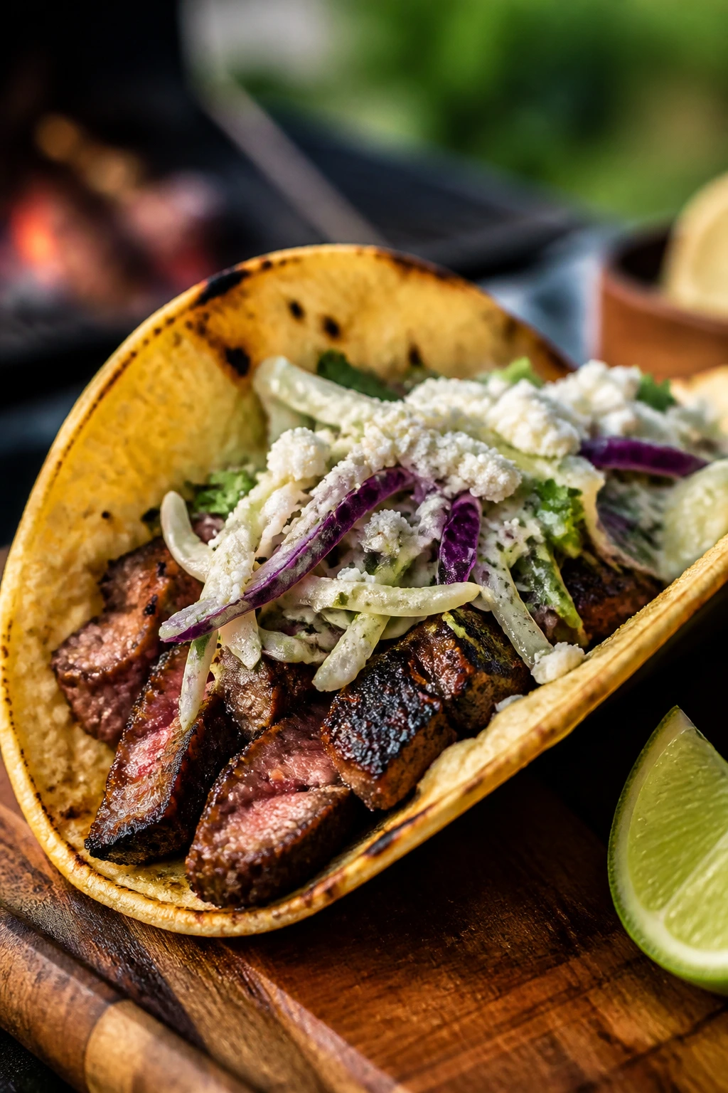 A steak taco with chili-lime rub, cabbage, cotija, and lime.
