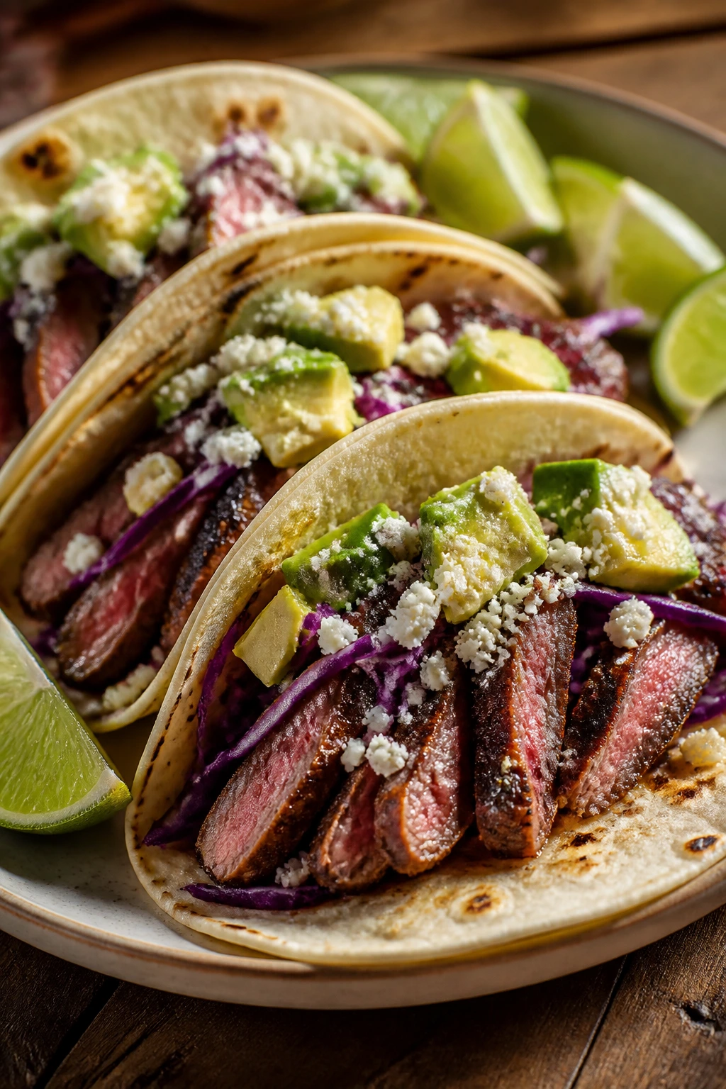 Plate of chili lime steak tacos with avocado and cotija