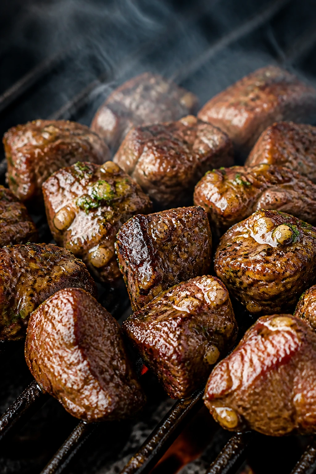 Close-up of steak tips grilled with garlic butter glaze