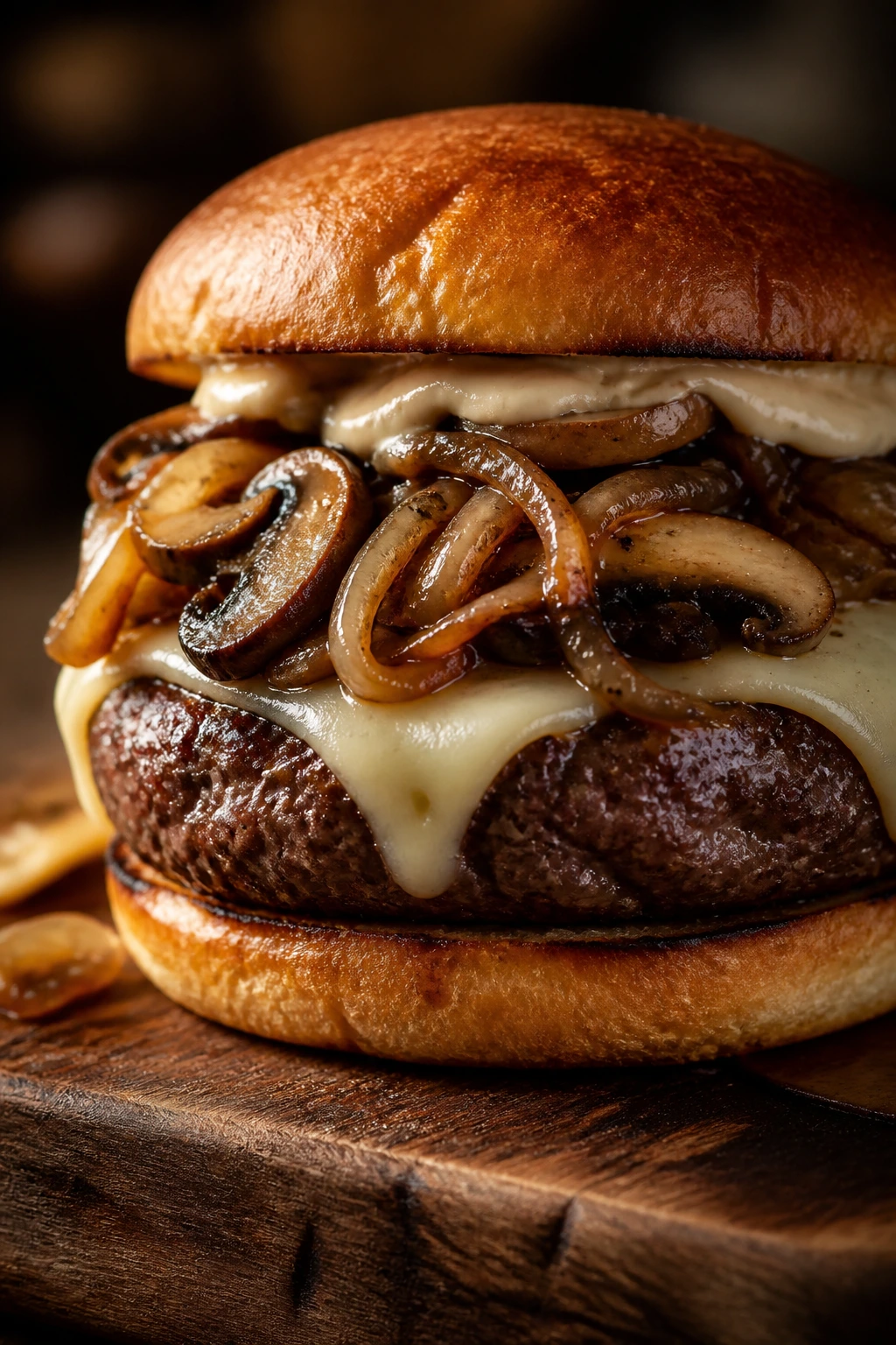 Close-up of a steakhouse-style burger with caramelized onions, mushrooms, Swiss cheese, and horseradish mayo.