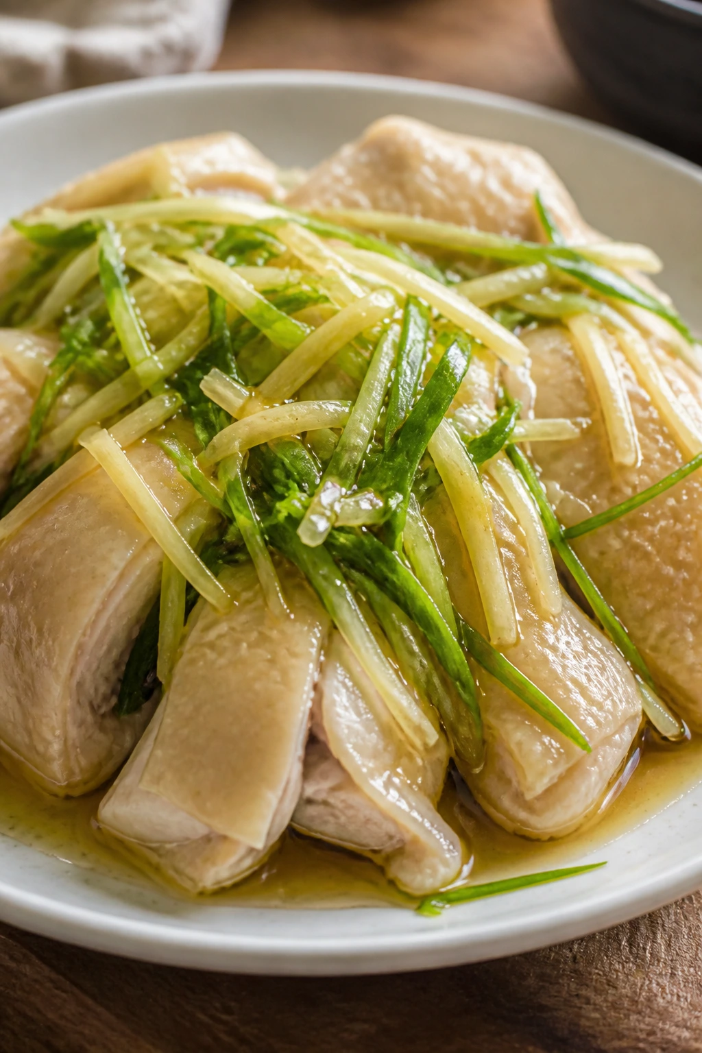 Close-up of steamed chicken with ginger scallion sauce