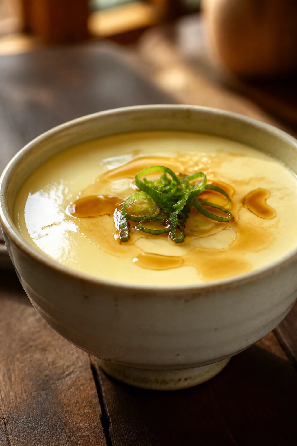 Steamed egg custard in a ceramic bowl with scallion garnish