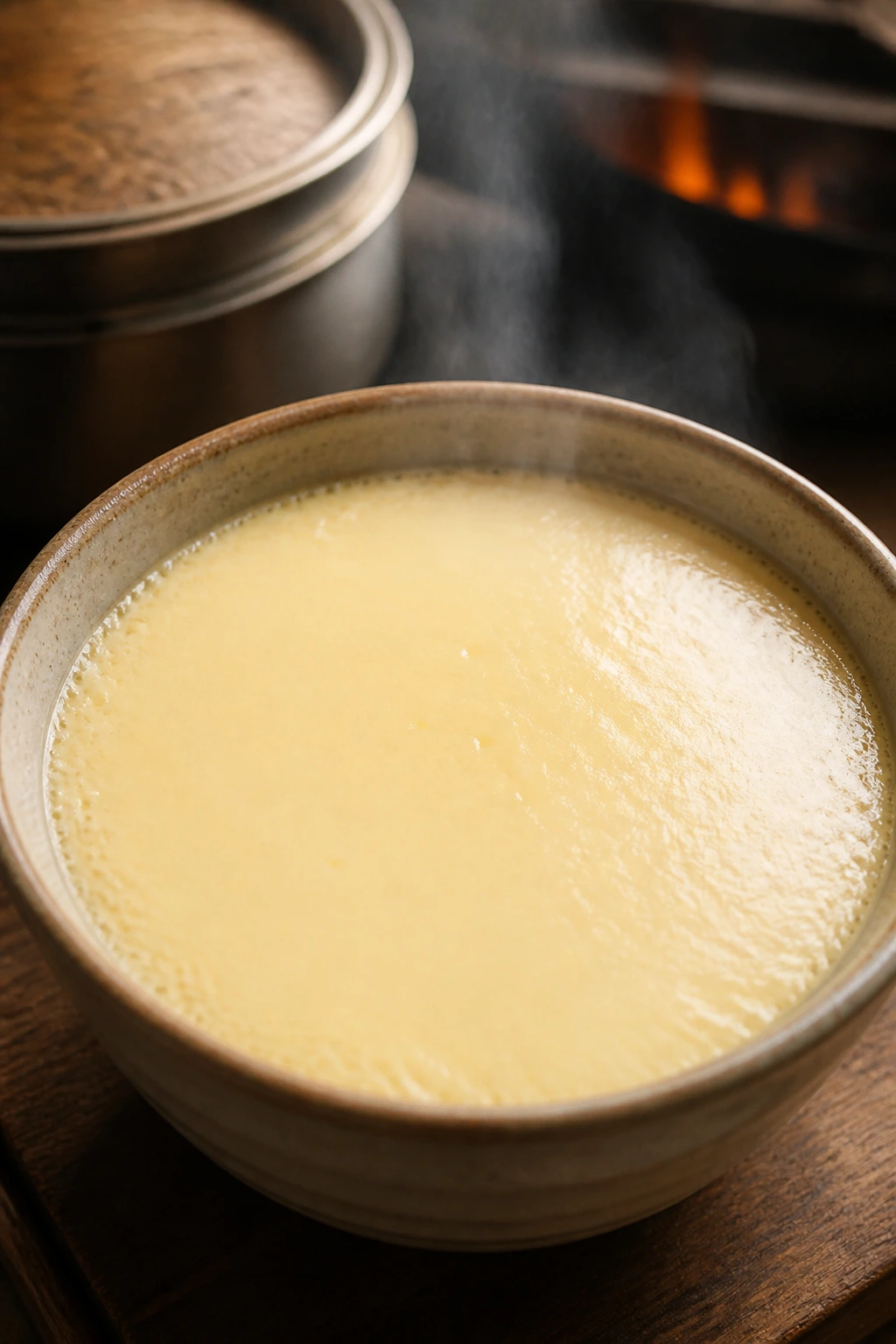 Close-up of smooth pale Chinese steamed eggs in a bowl with steam