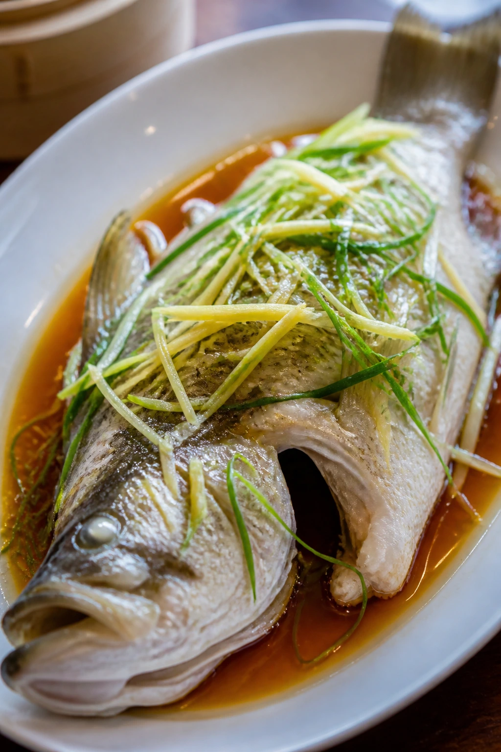 Whole steamed fish with ginger and scallions on a plate, glossy and aromatic