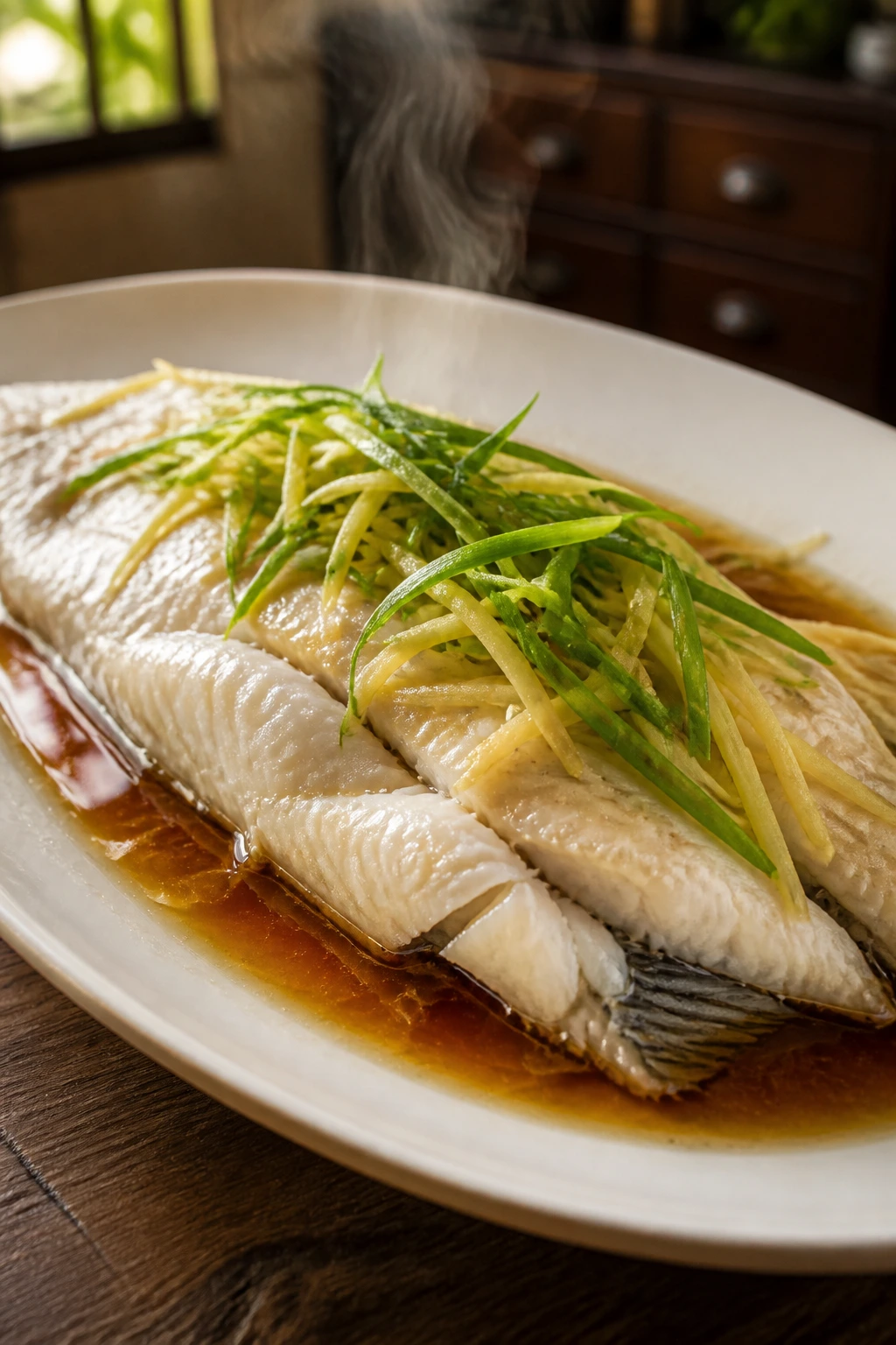Close-up of steamed fish with ginger and scallions on a plate in a cozy kitchen