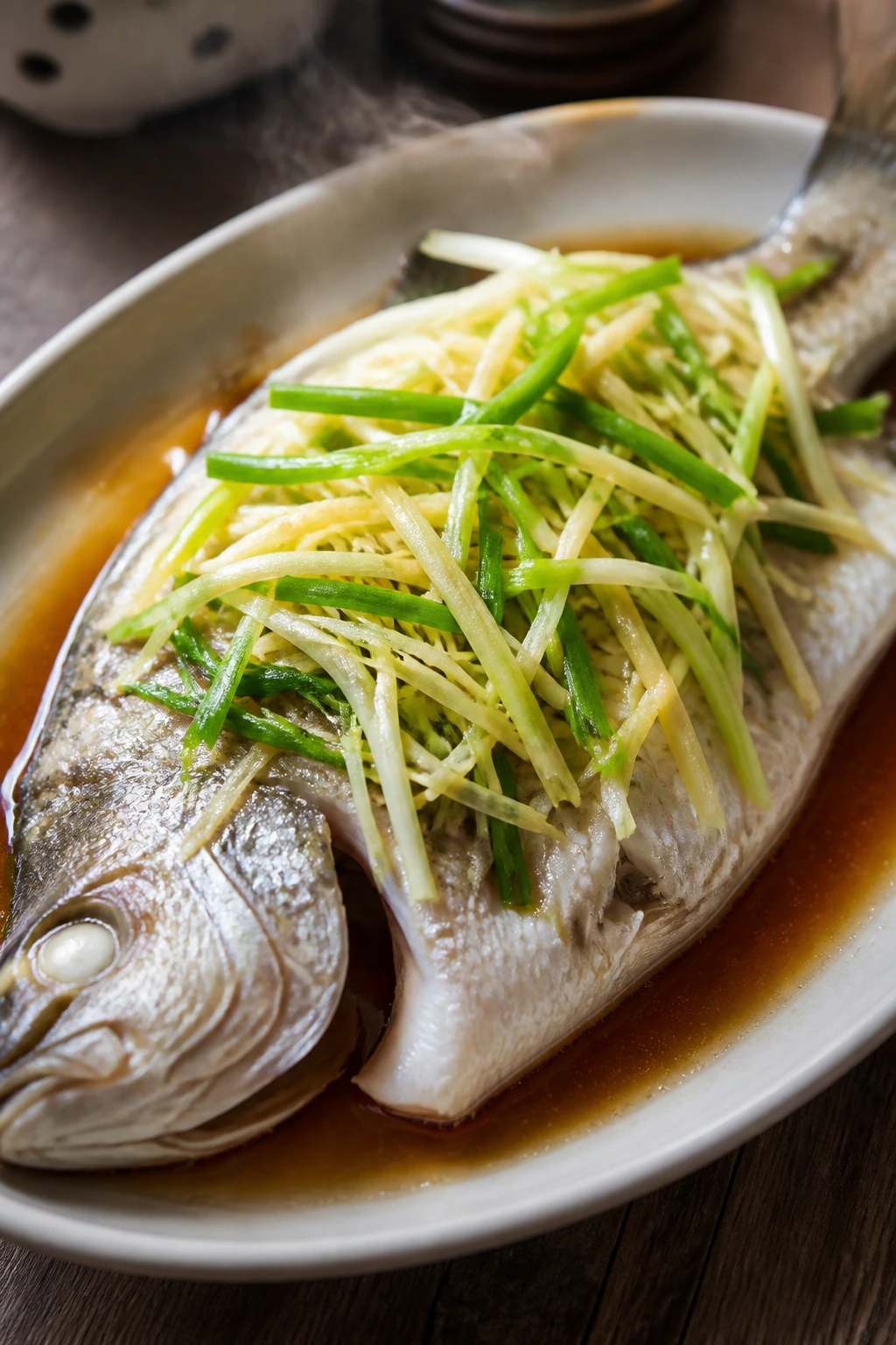 Close-up of a whole steamed white fish with ginger and scallions on a plate