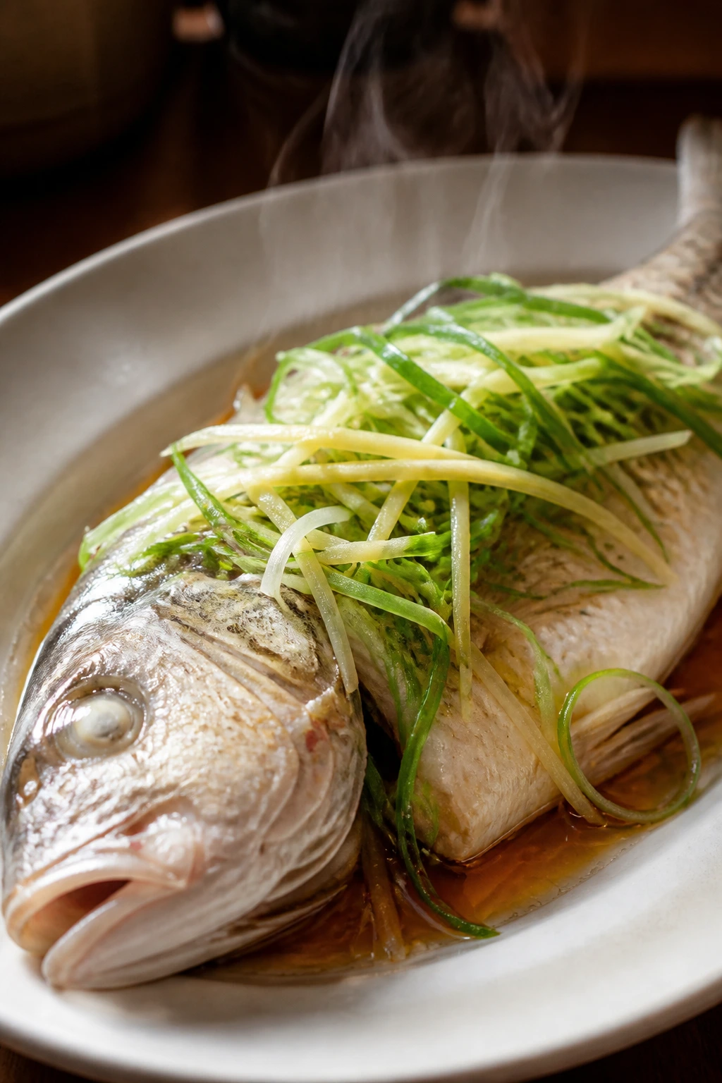 Close-up of steamed white fish with ginger and scallions, light soy glaze