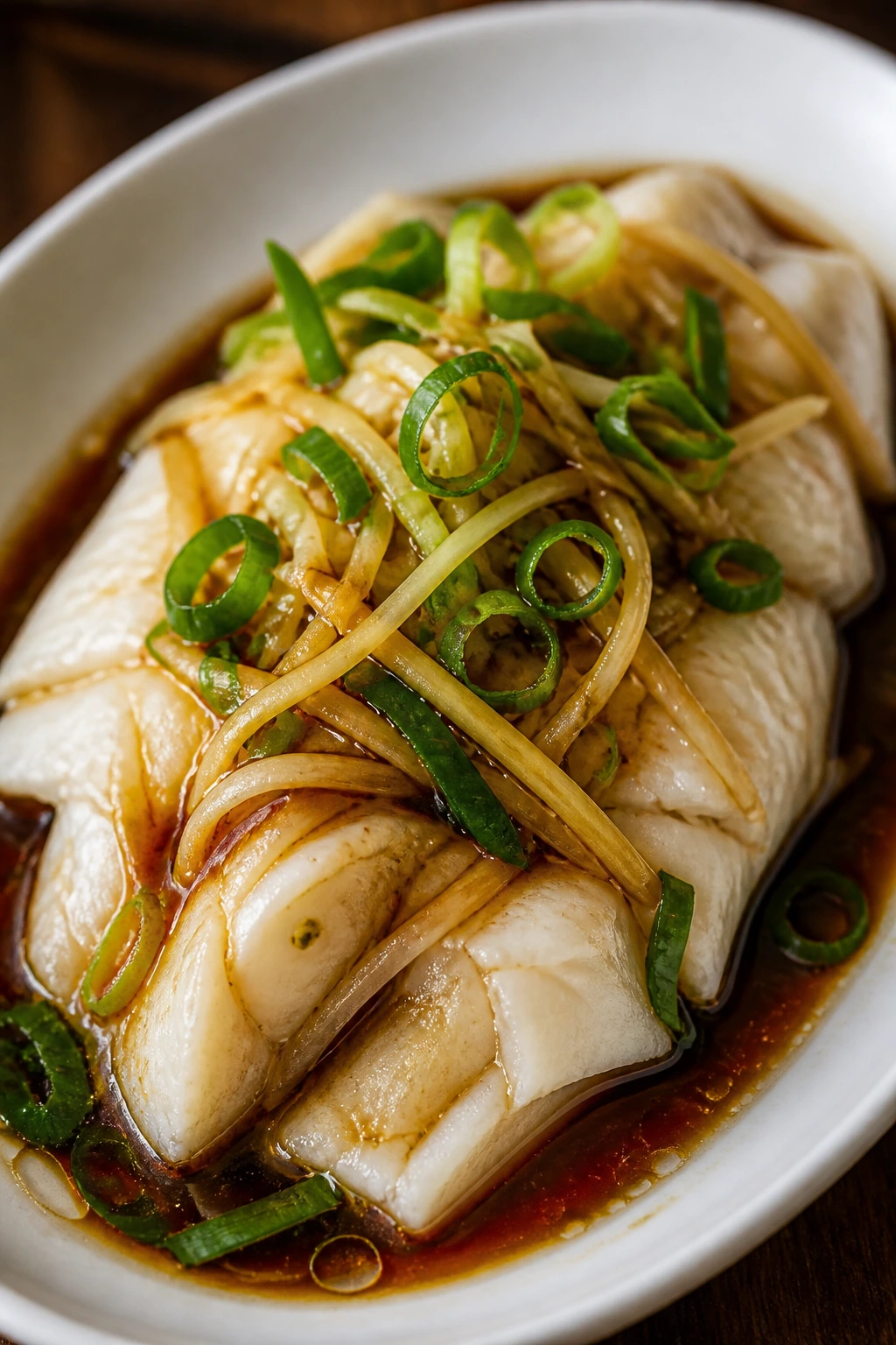 Juicy steamed fish with ginger and scallions on a plate.