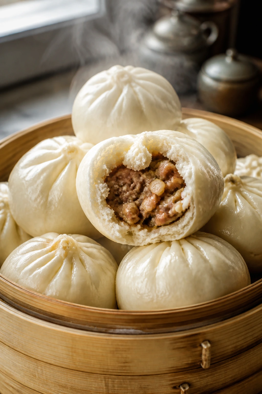 Fluffy steamed pork buns stacked in a bamboo steamer with steam.