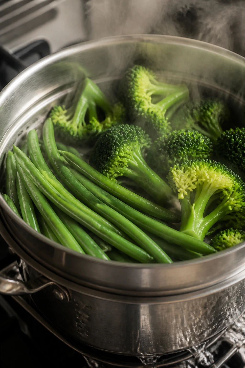 Steaming basket with green beans and broccoli over simmering water