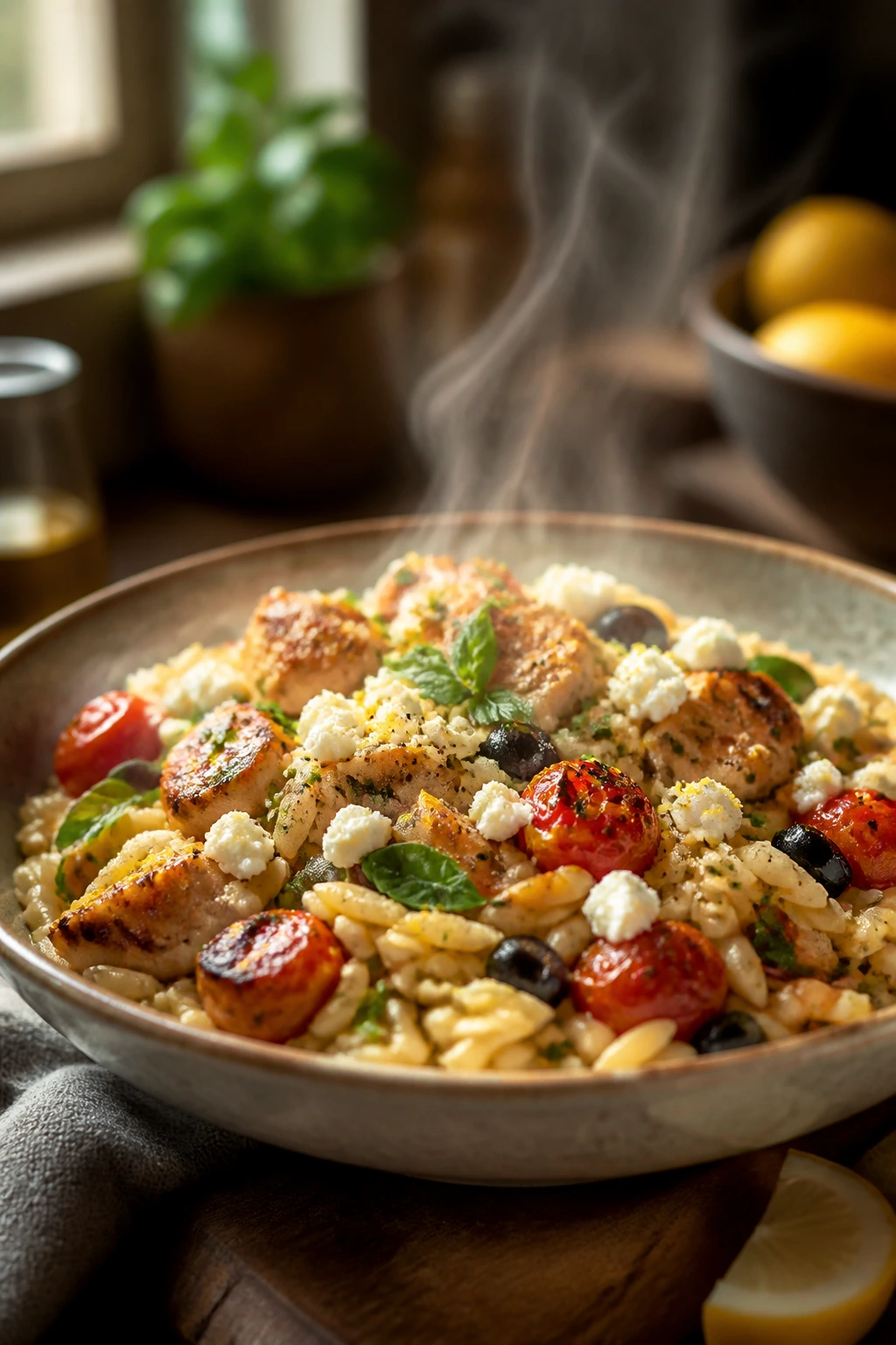 Steaming Mediterranean grain bowl on a warm kitchen counter
