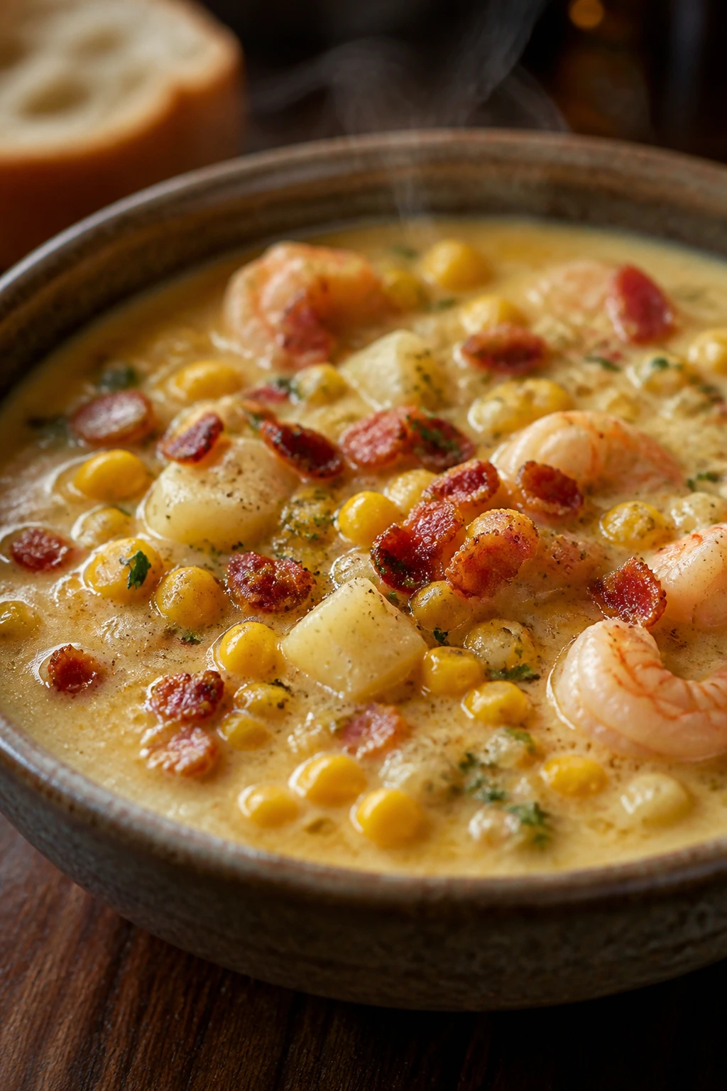 Close-up of a steaming smoky shrimp corn chowder bowl filling the frame with bacon, corn, and potatoes
