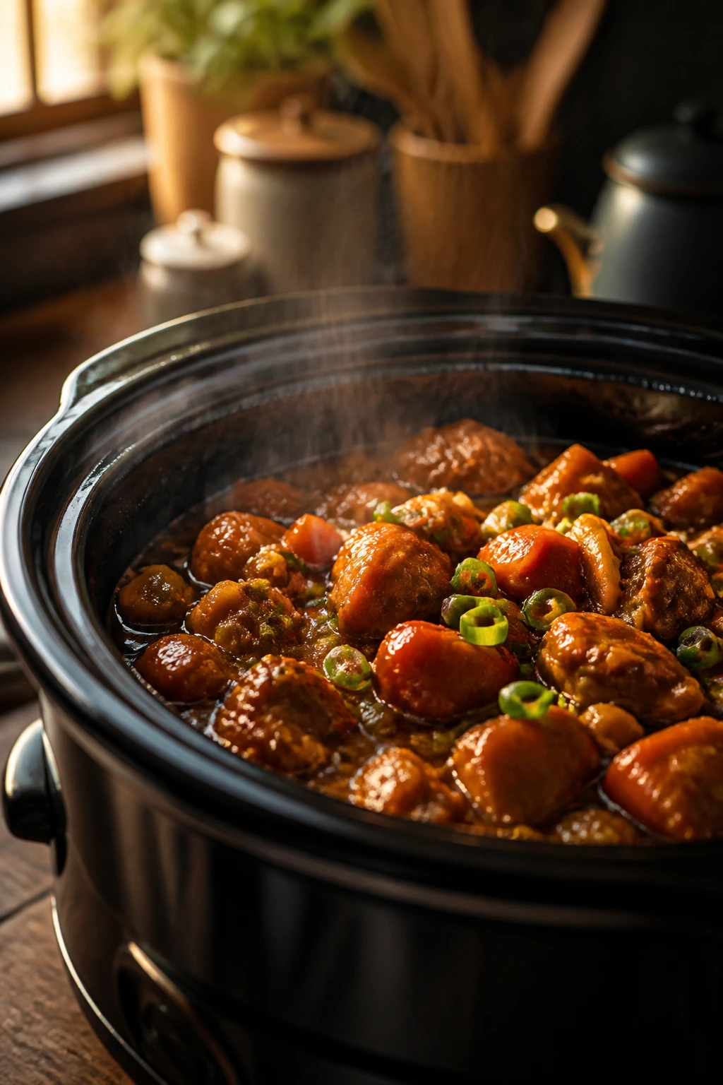 Steaming crockpot filling the frame on a warm kitchen counter.
