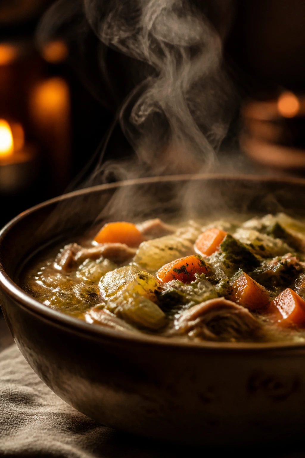 Close-up of a steaming bowl of soup in a warm kitchen at night