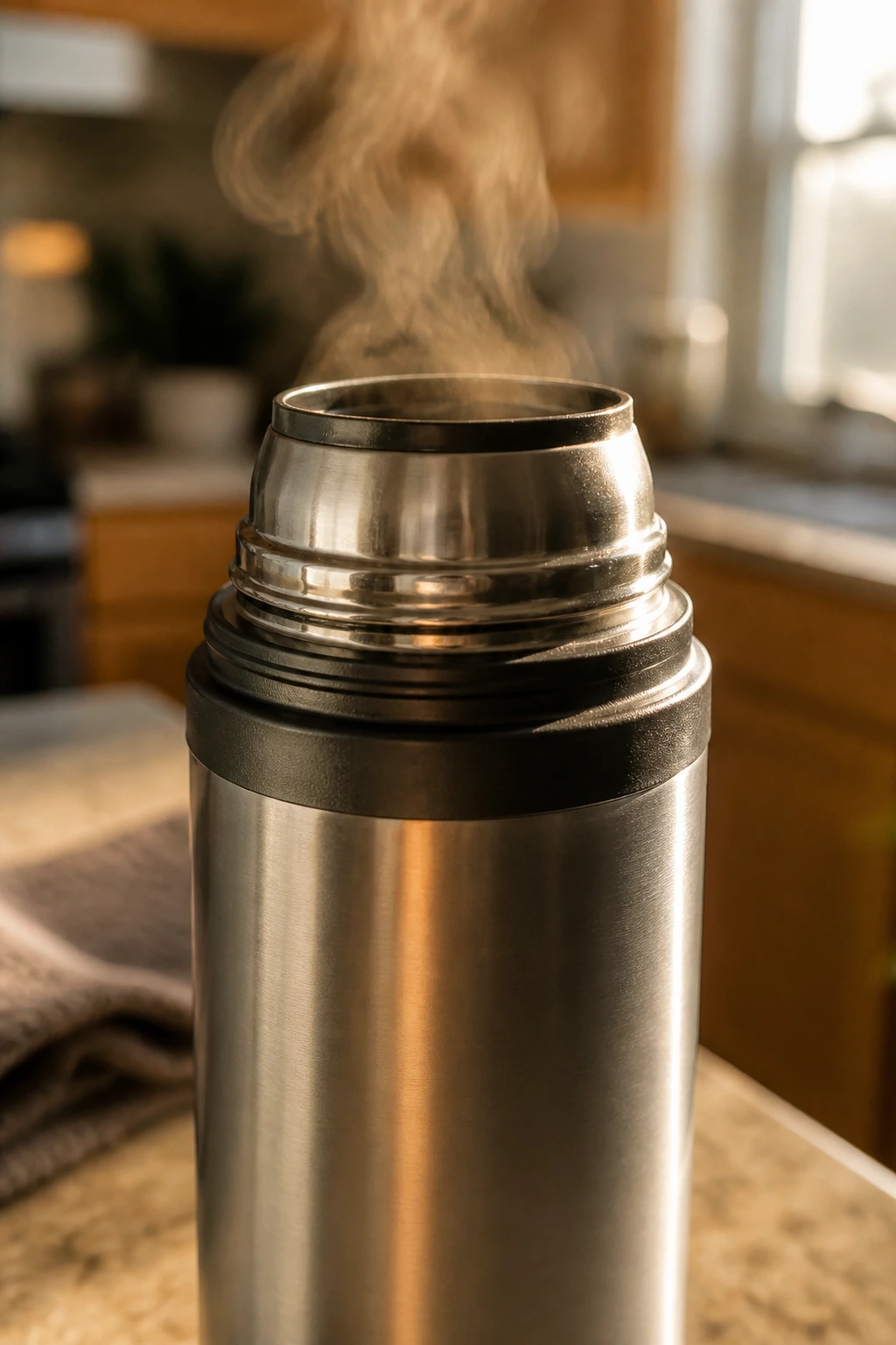Steaming thermos suggesting a warm winter lunch