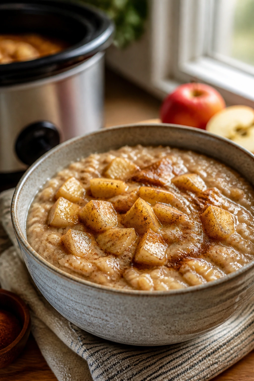 Creamy steel-cut oatmeal with apples and cinnamon in a kitchen
