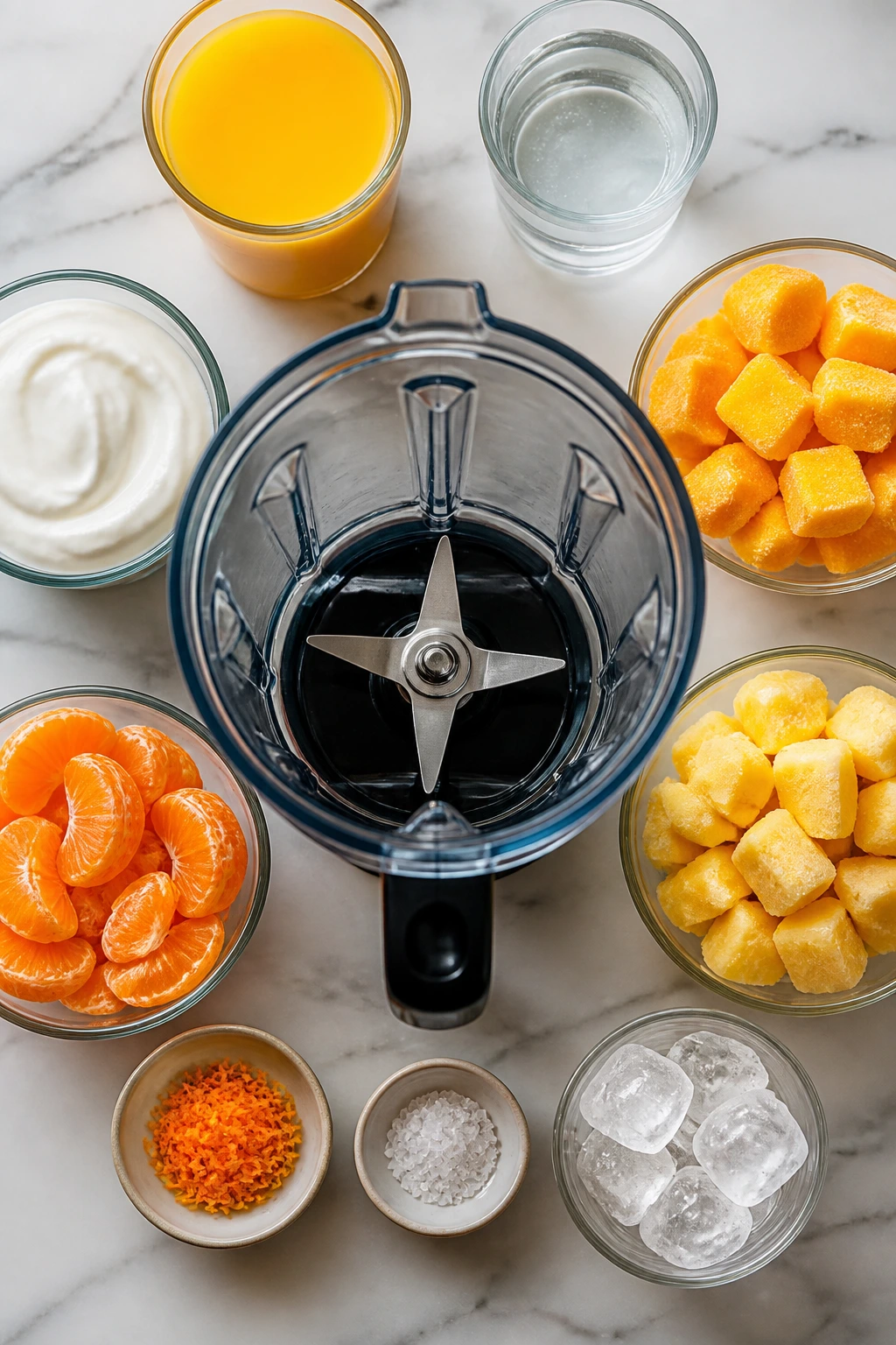 Top-down view of blender with ingredients arranged for blending