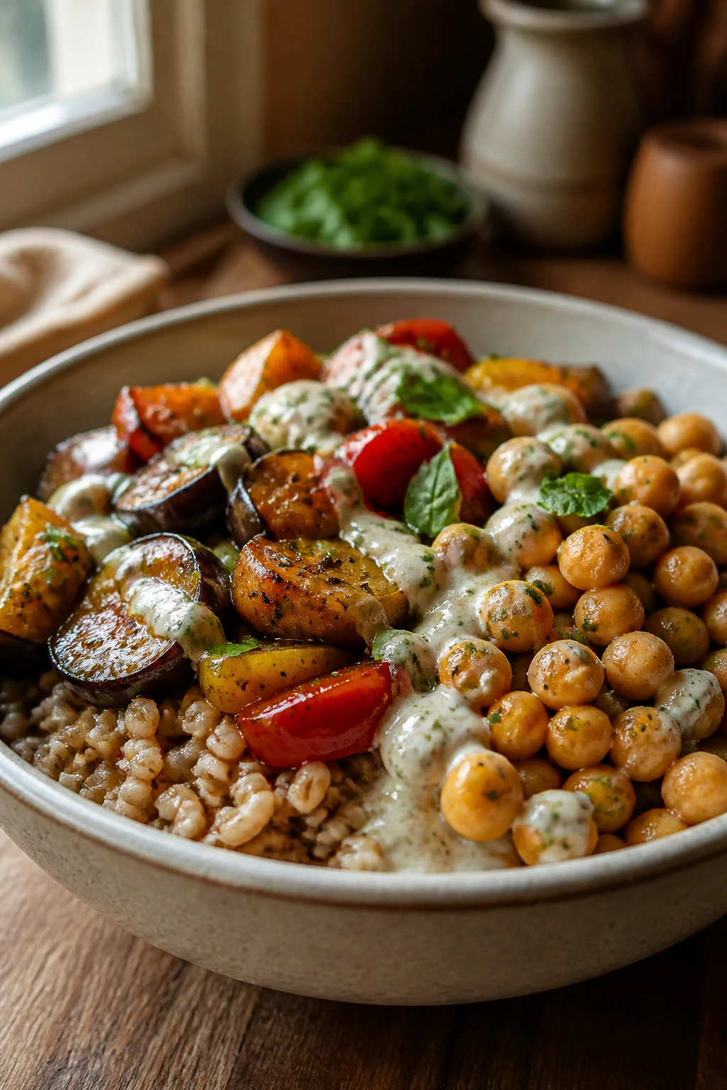 Close-up of finished Nonna-style bowl showing layered farro, vegetables, and chickpeas