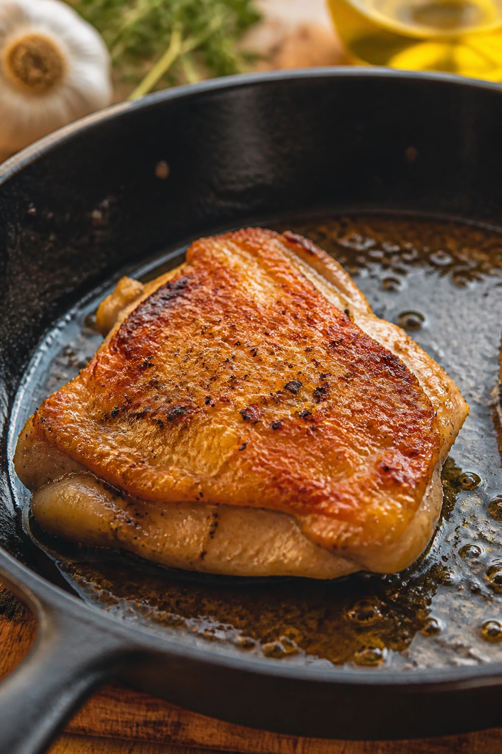 Close-up of searing chicken thigh in skillet