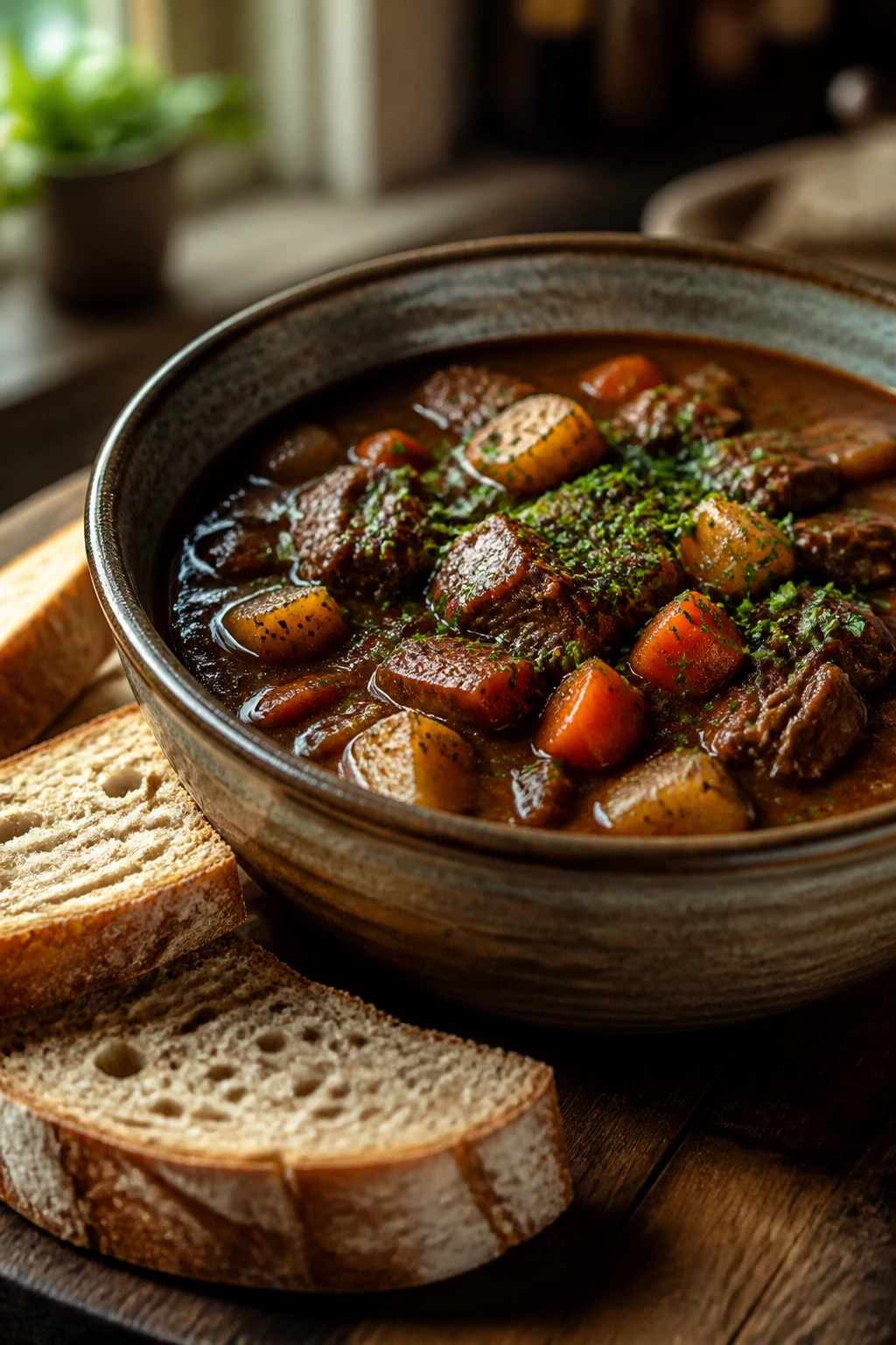 Close-up of beef stew in rustic bowl with sourdough and herbs on warm kitchen table