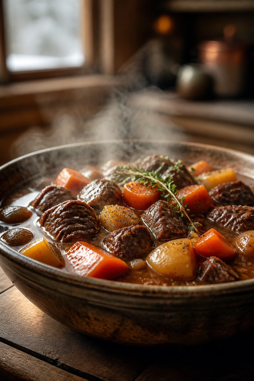 Close-up of hearty beef stew in a rustic bowl on a warm kitchen counter