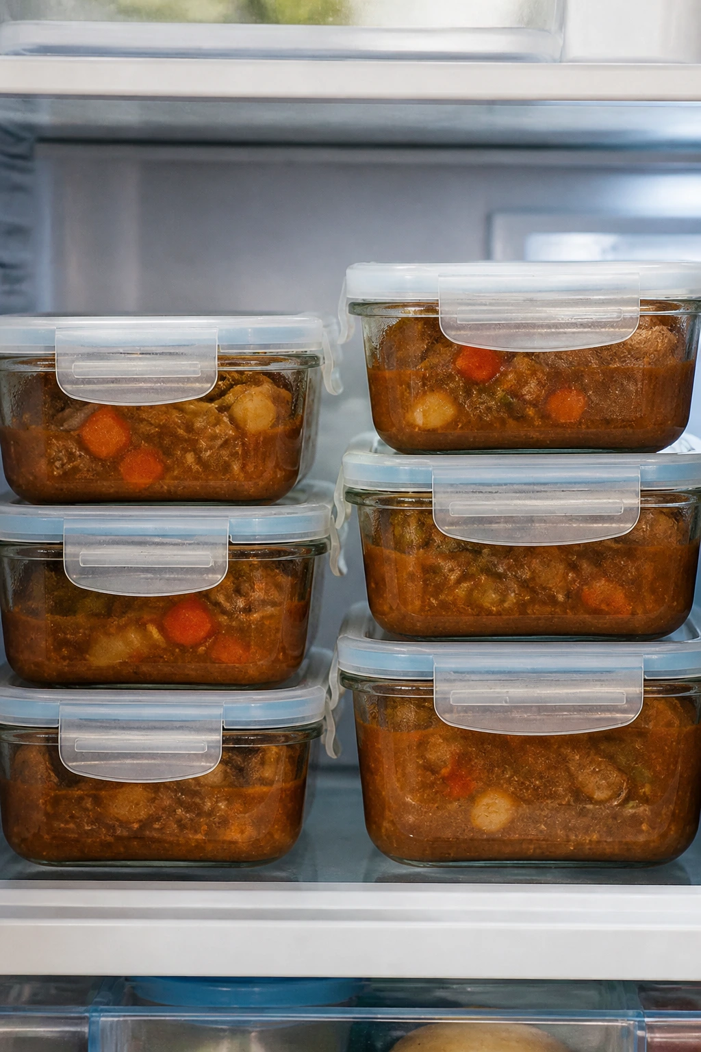 Containers of stew in fridge ready for leftovers