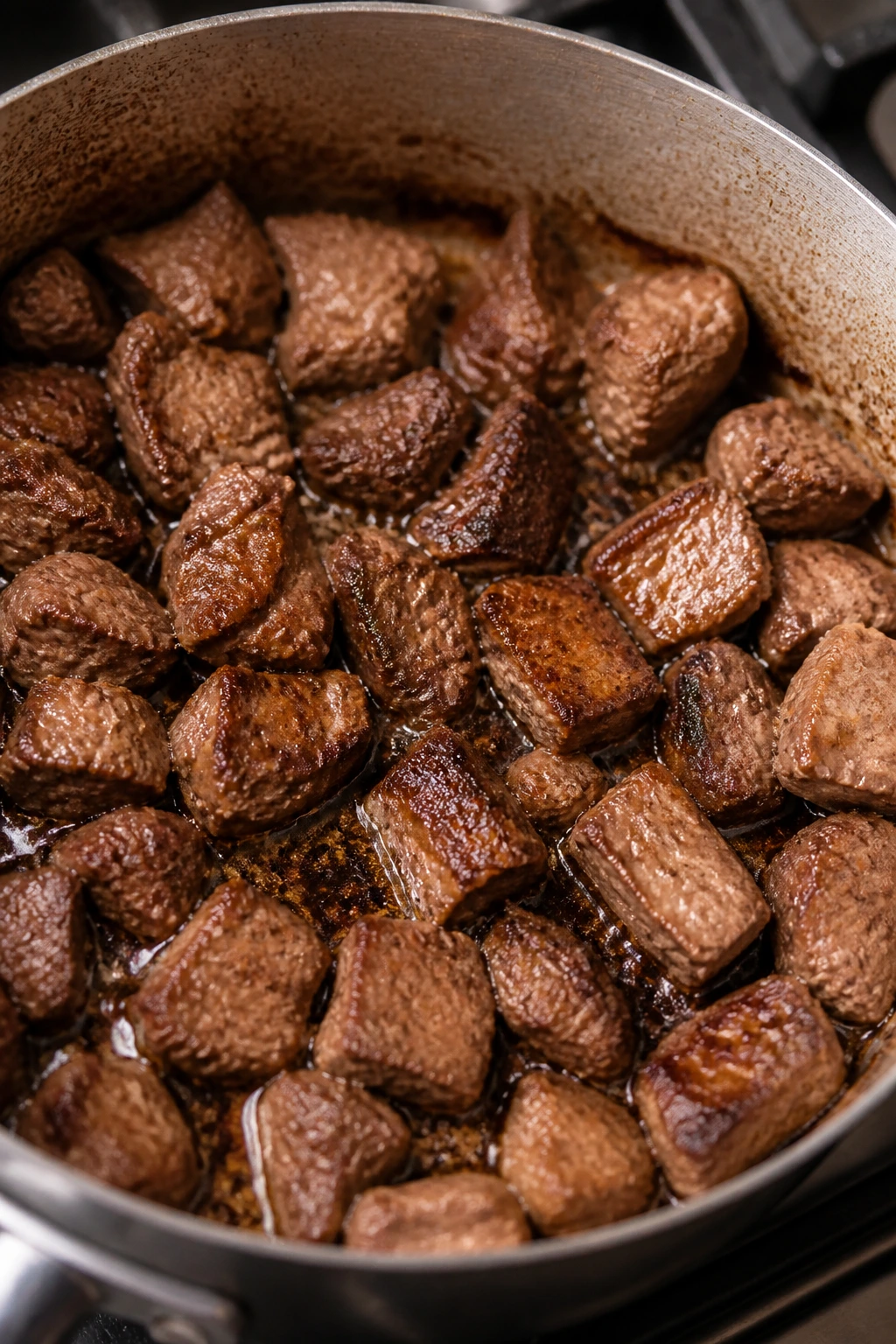 Overcrowded browned meat in a pot with fond on the bottom