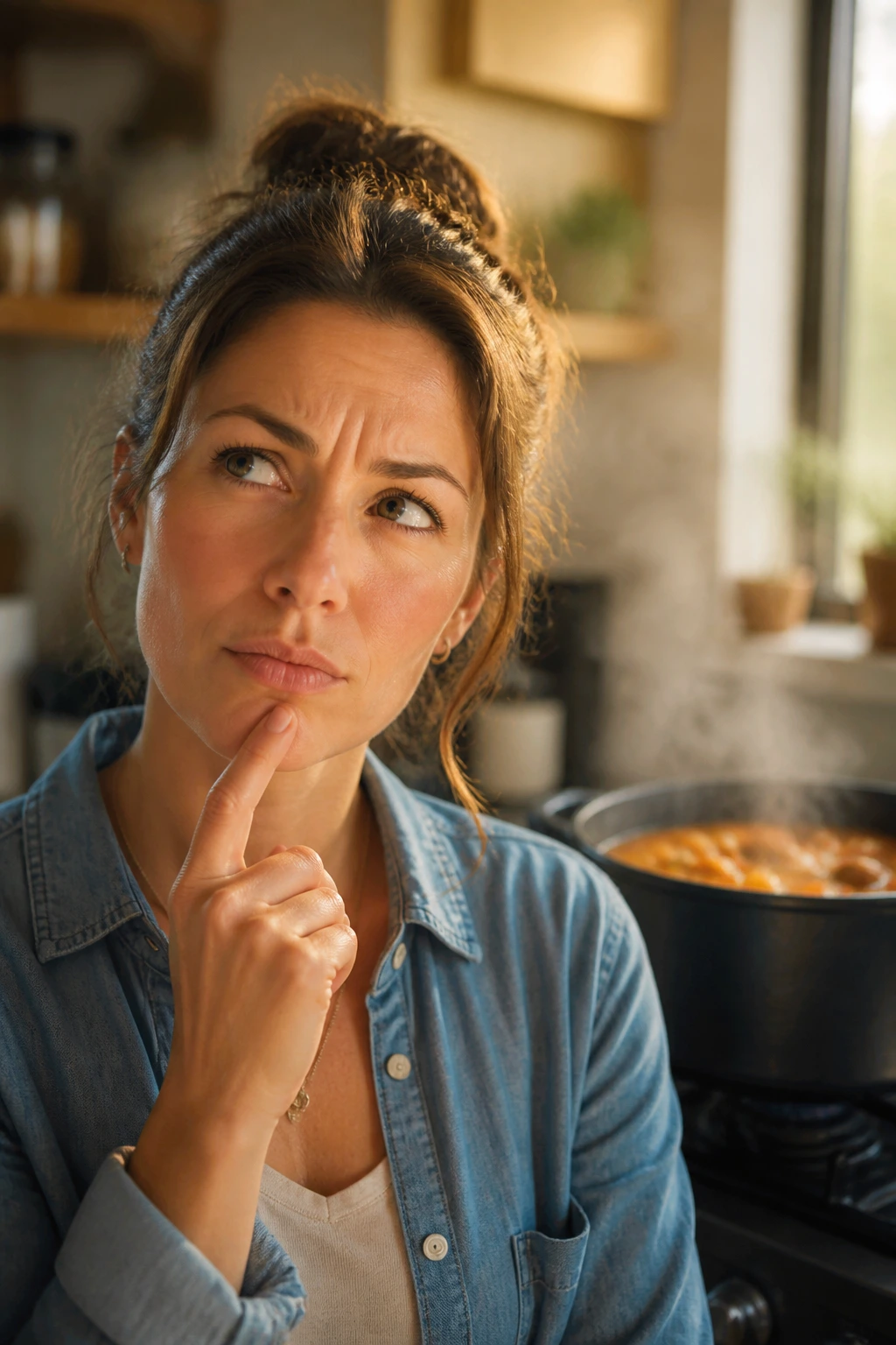 Portrait of a real person in a kitchen, thoughtful expression with a simmering pot in background