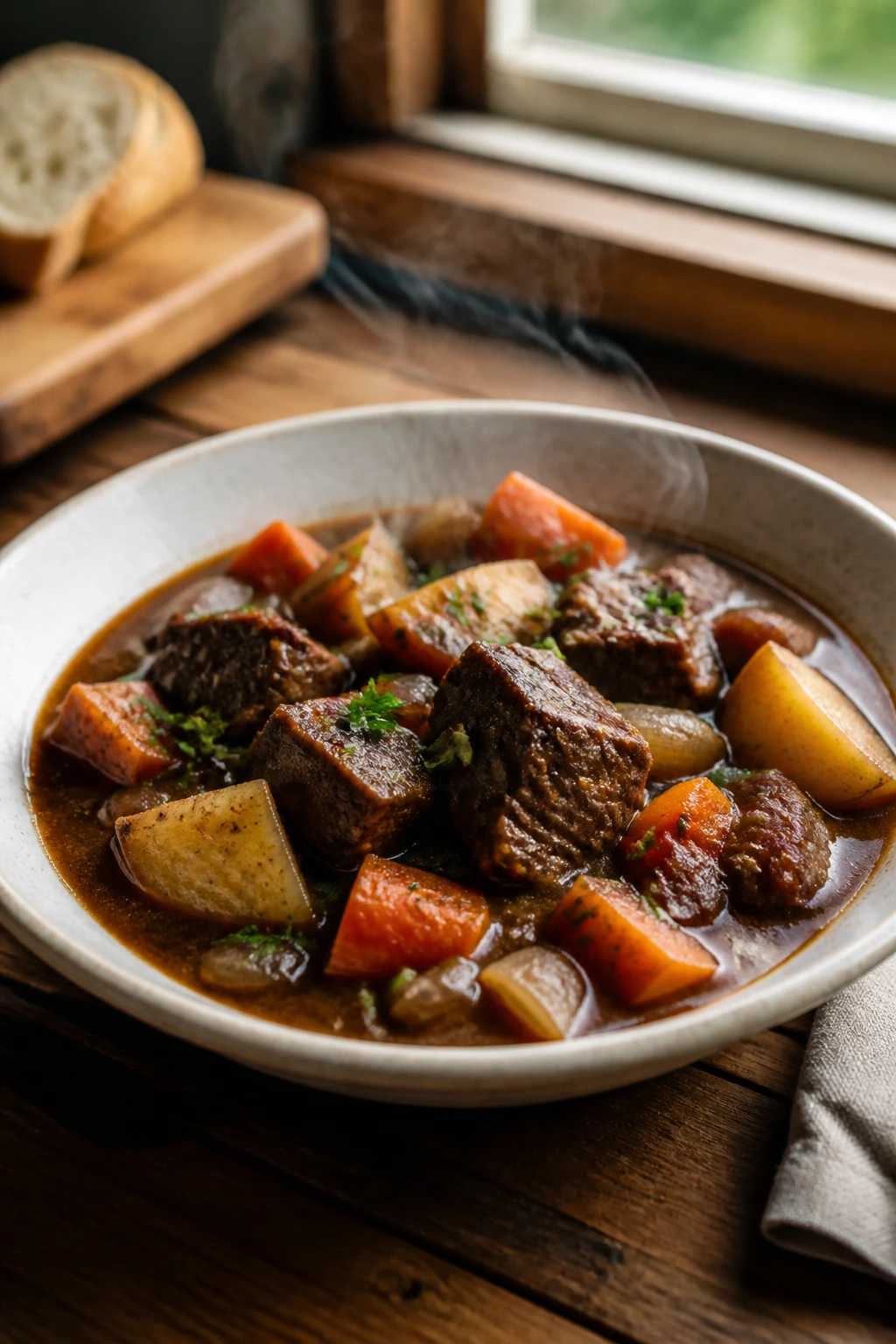 Shallow bowl of hearty stew served in a rustic kitchen setting