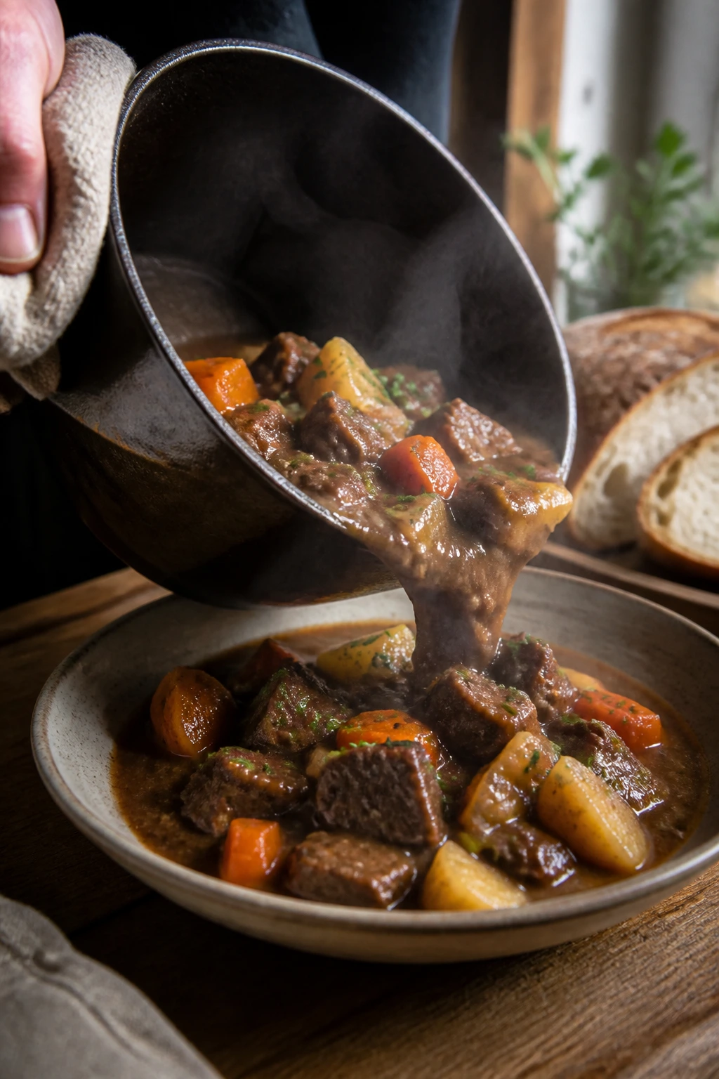Close-up of serving beef stew into a shallow bowl with bread in a warm kitchen
