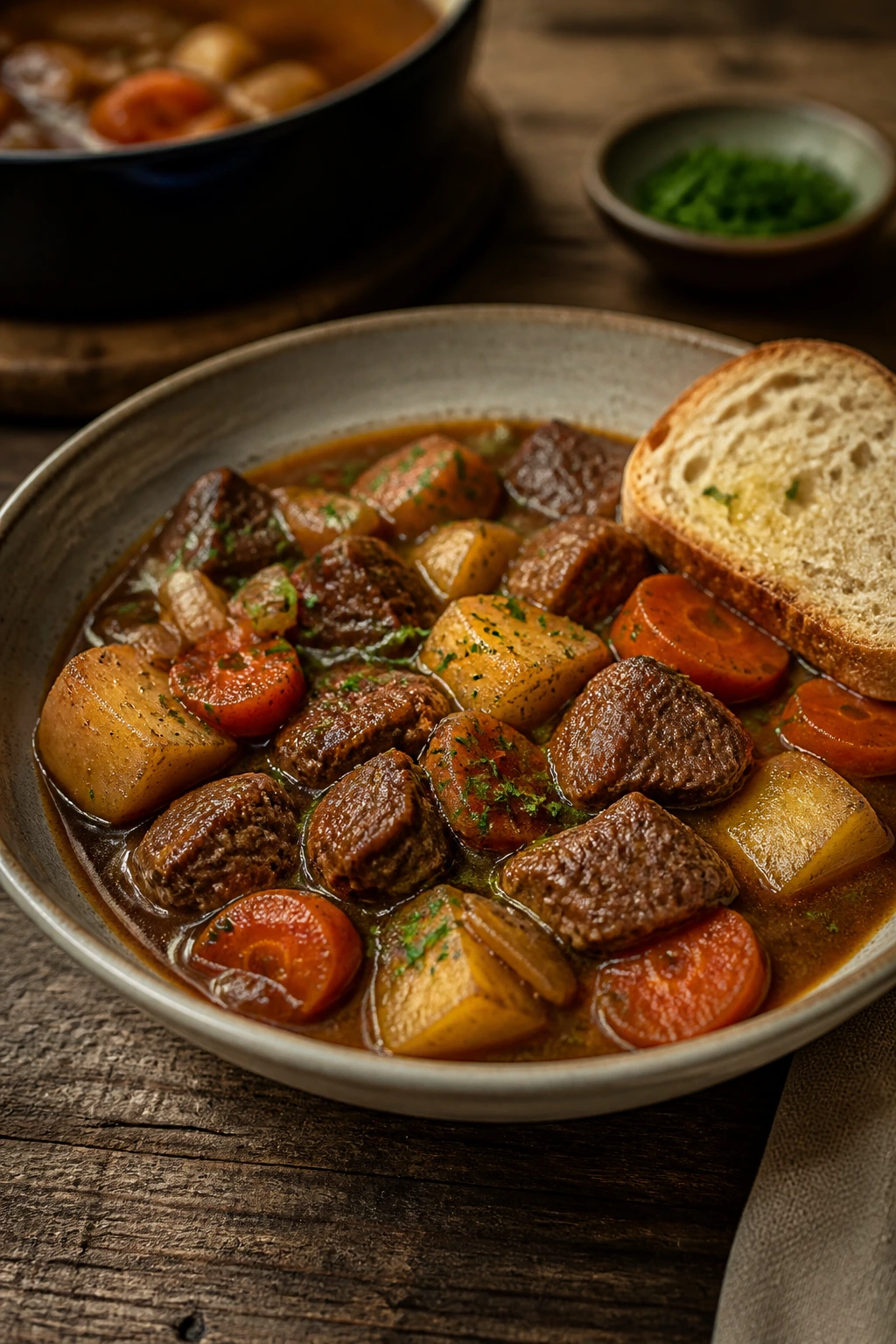 Beef stew in a shallow bowl with bread on a rustic table