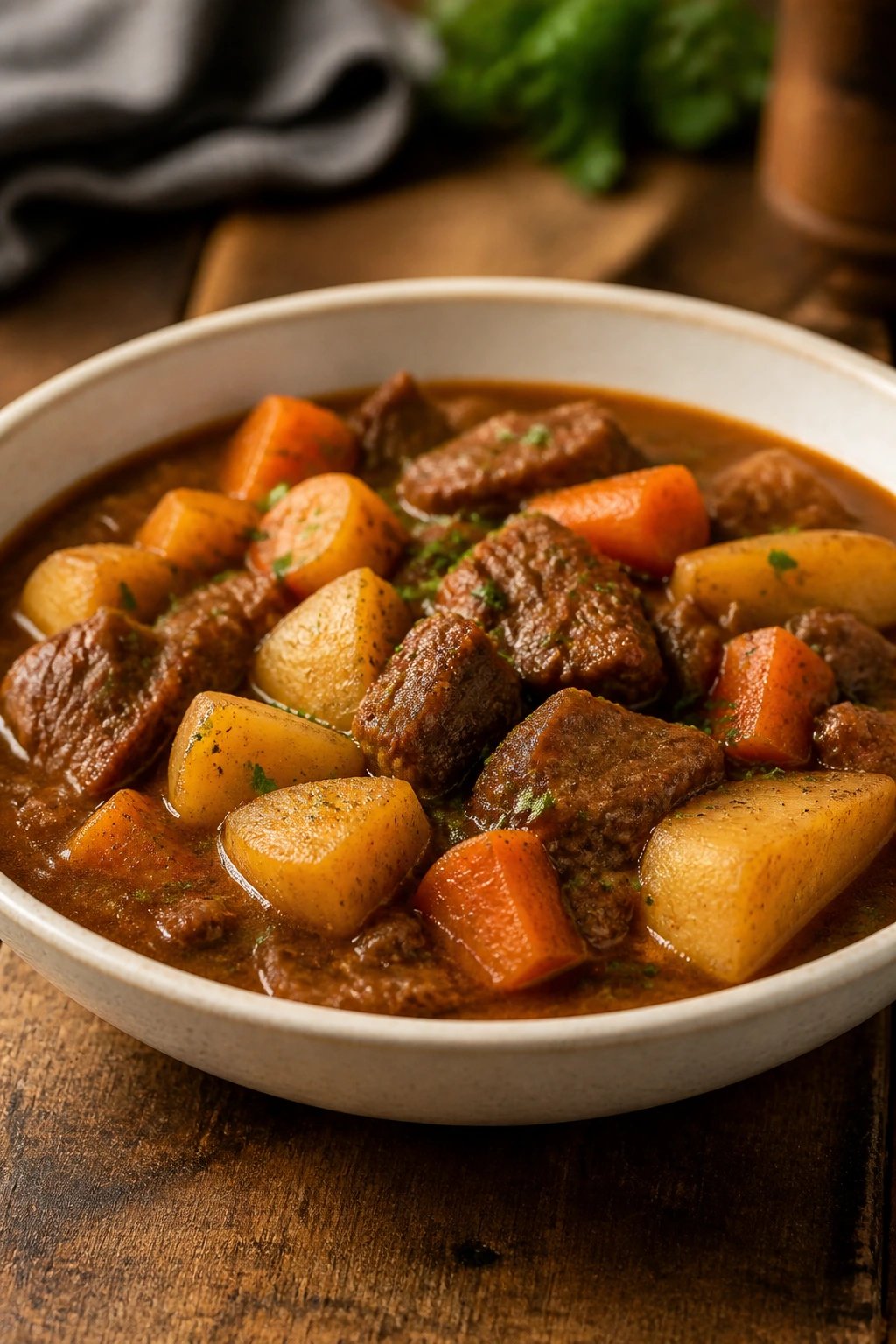 Beef stew plated in a wide bowl on a rustic table