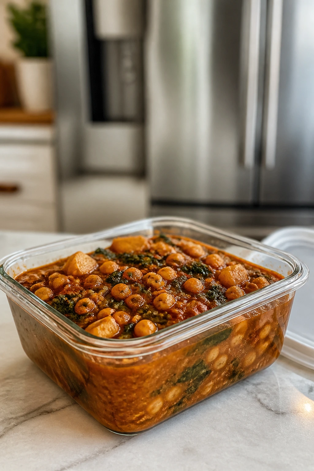 Stowable smoky chickpea stew in a glass storage container on kitchen counter.